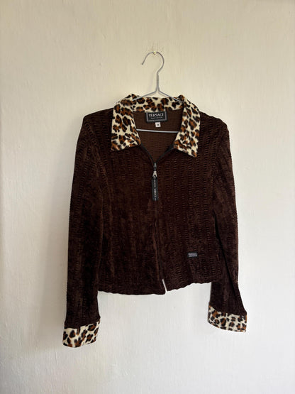 Vintage Versace Brown Zip Jacket With Leopard Collar — additional view 8