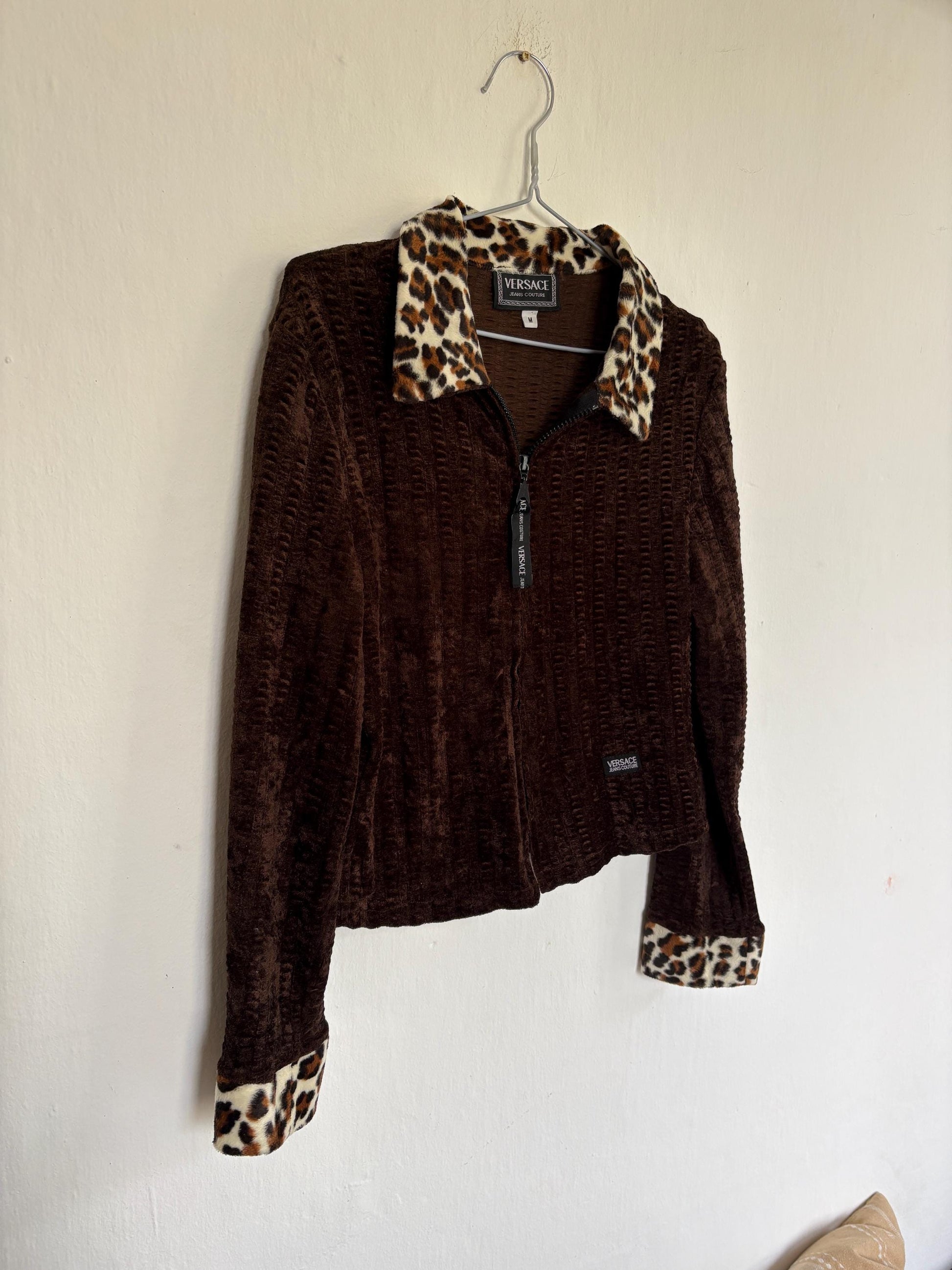 Vintage Versace Brown Zip Jacket With Leopard Collar — fabric close-up