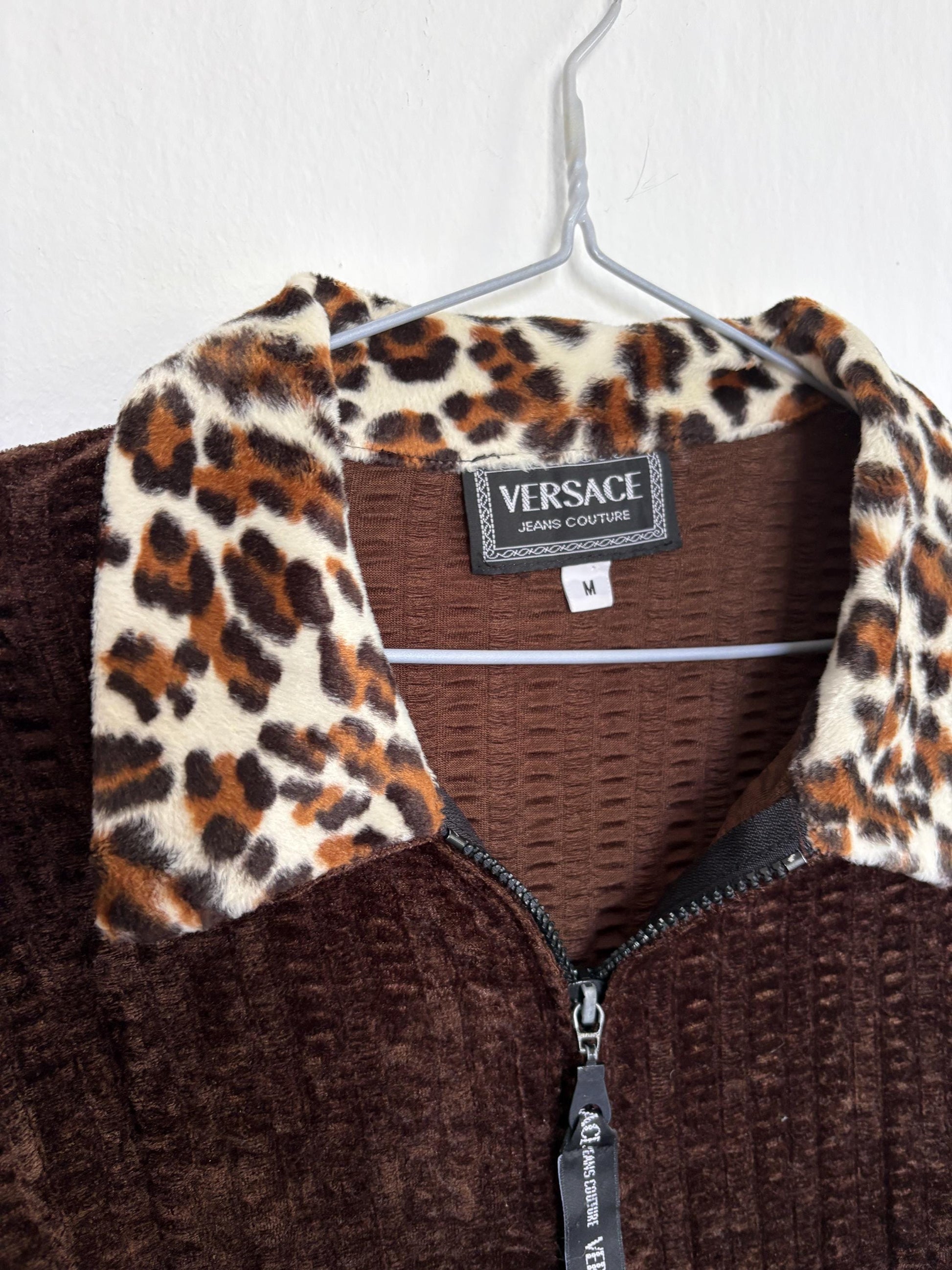 Vintage Versace Brown Zip Jacket With Leopard Collar — additional view 7