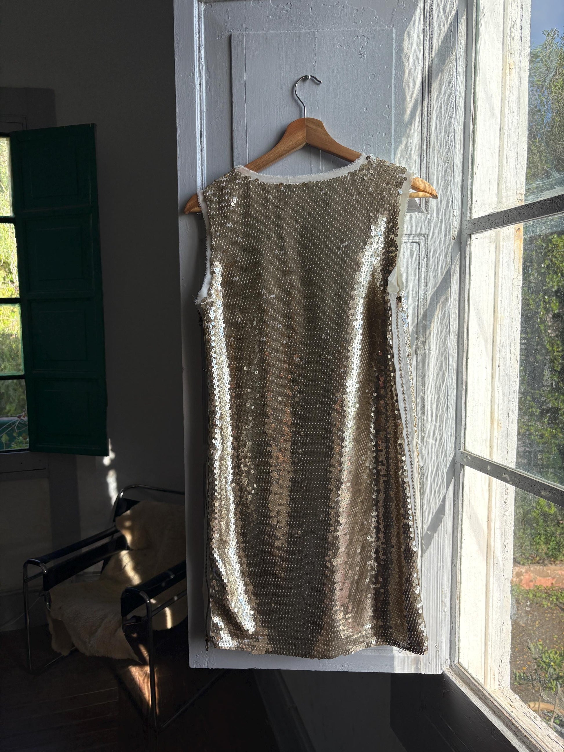 Morgan de Toi gold glitter dress, y2k glam Lindsay Lohan, party evening wear, XS