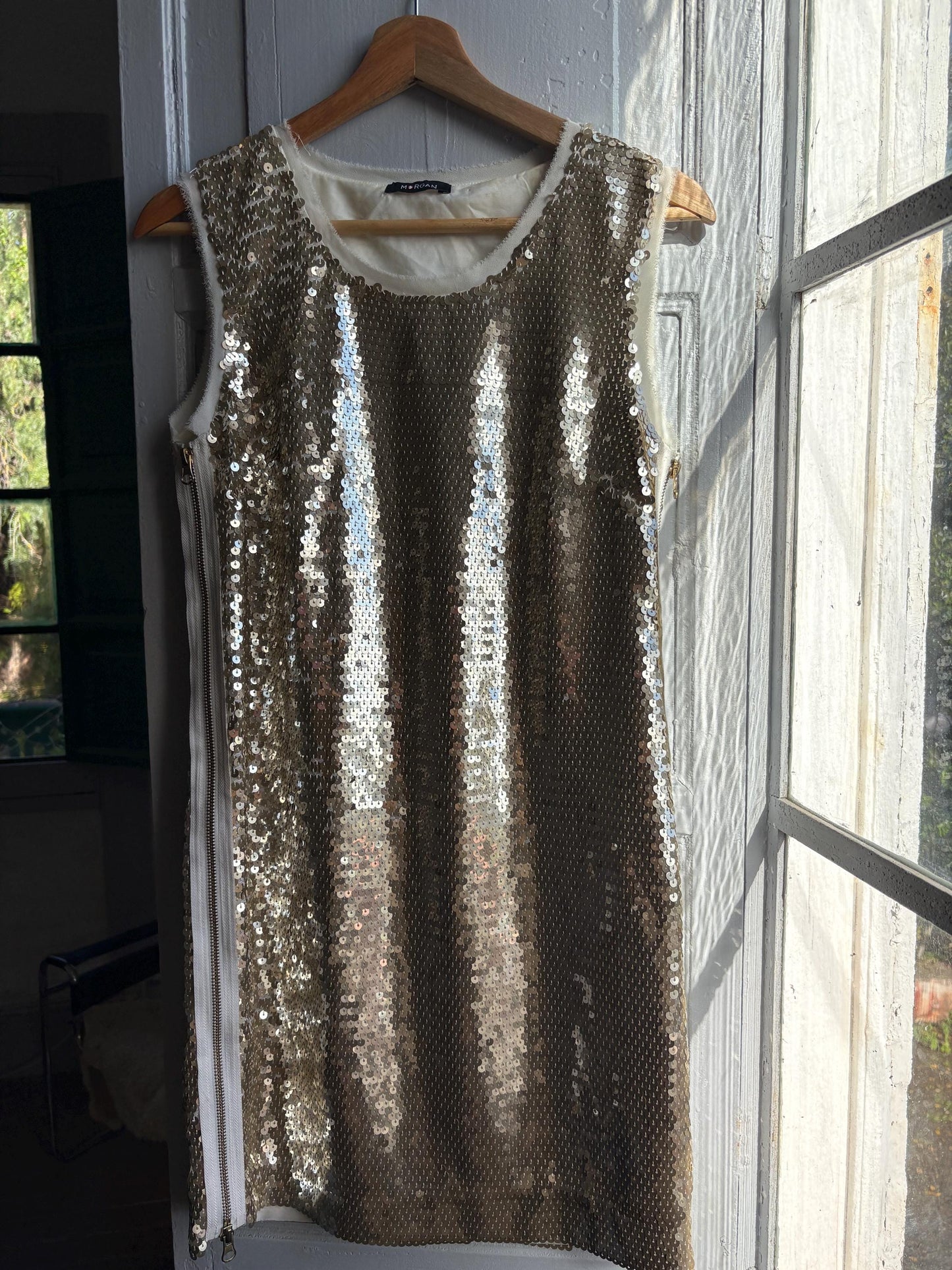 Morgan de Toi gold glitter dress, y2k glam Lindsay Lohan, party evening wear, XS