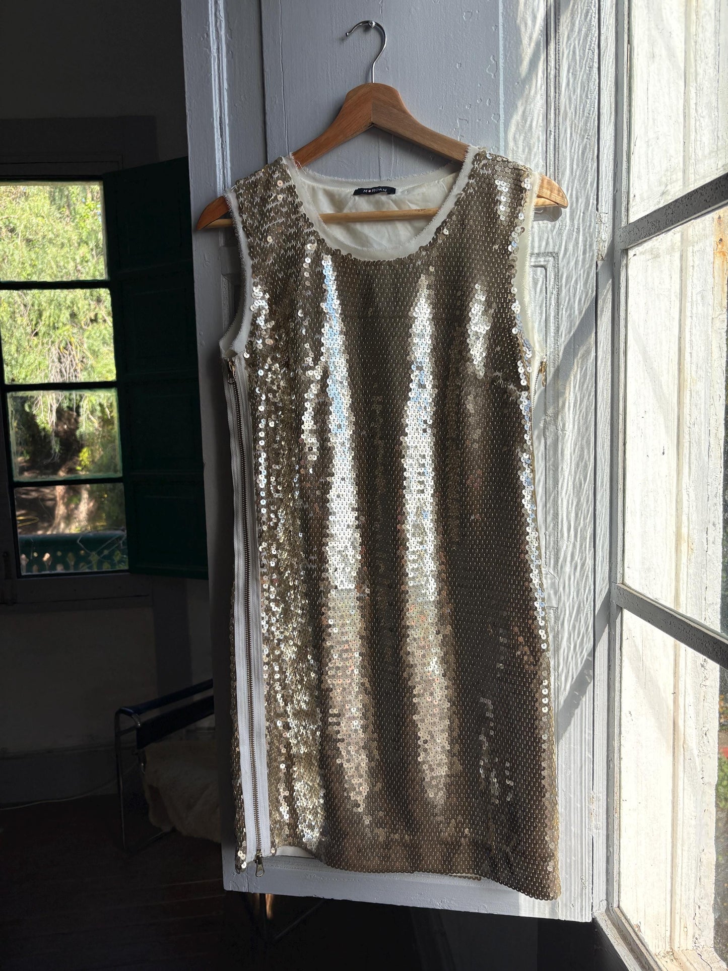Morgan de Toi gold glitter dress, y2k glam Lindsay Lohan, party evening wear, XS