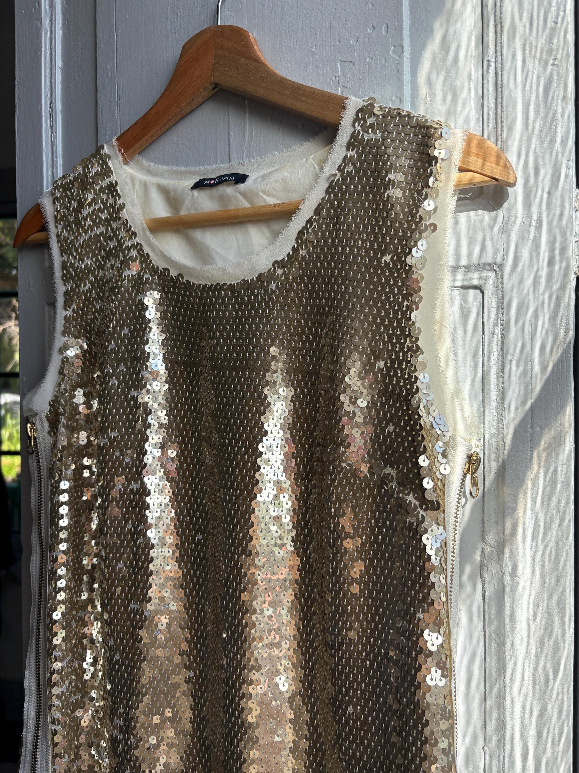 Morgan de Toi gold glitter dress, y2k glam Lindsay Lohan, party evening wear, XS