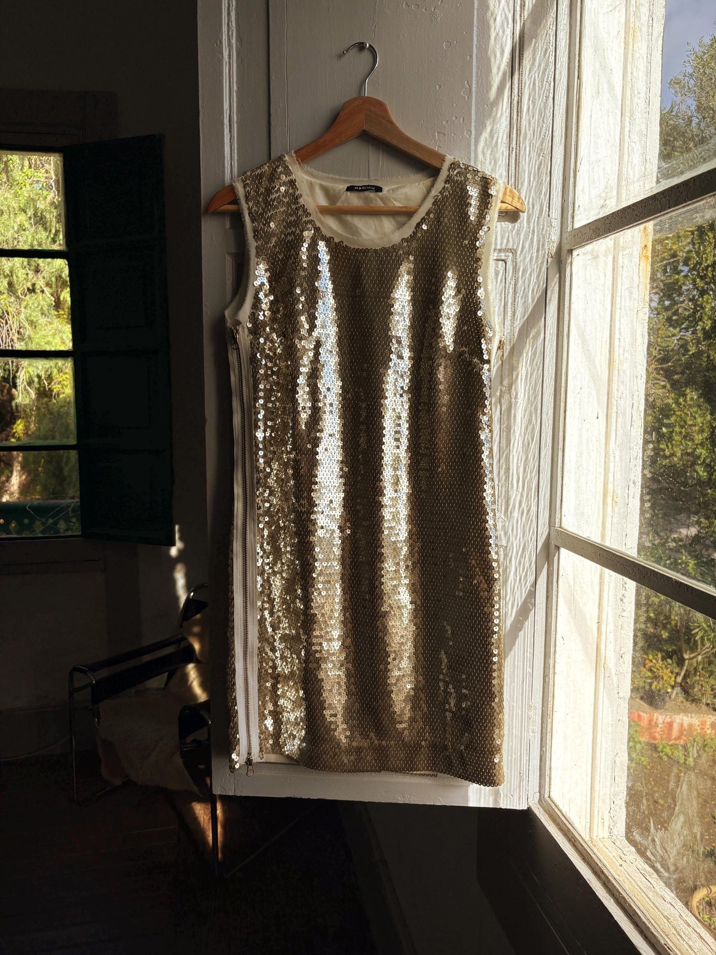 Morgan de Toi gold glitter dress, y2k glam Lindsay Lohan, party evening wear, XS