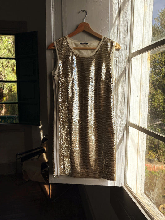 Morgan de Toi gold glitter dress, y2k glam Lindsay Lohan, party evening wear, XS