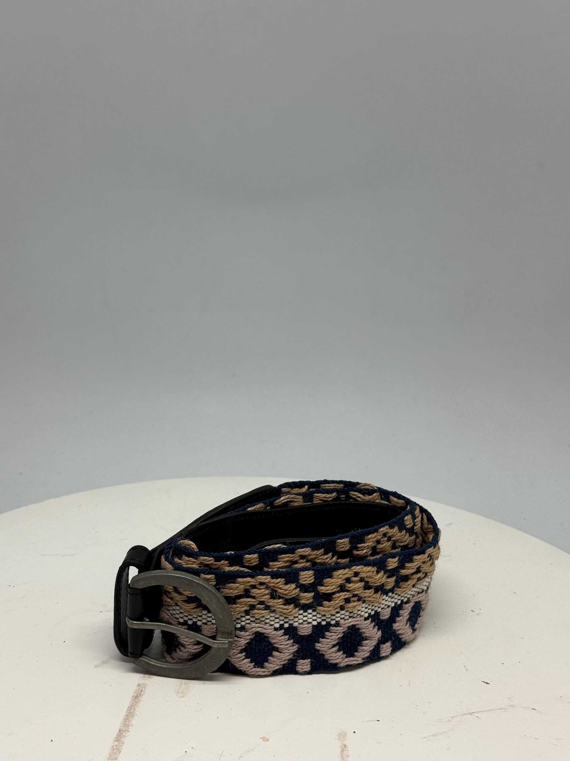 Boho Woven Fabric Belt In Blue Beige — back view