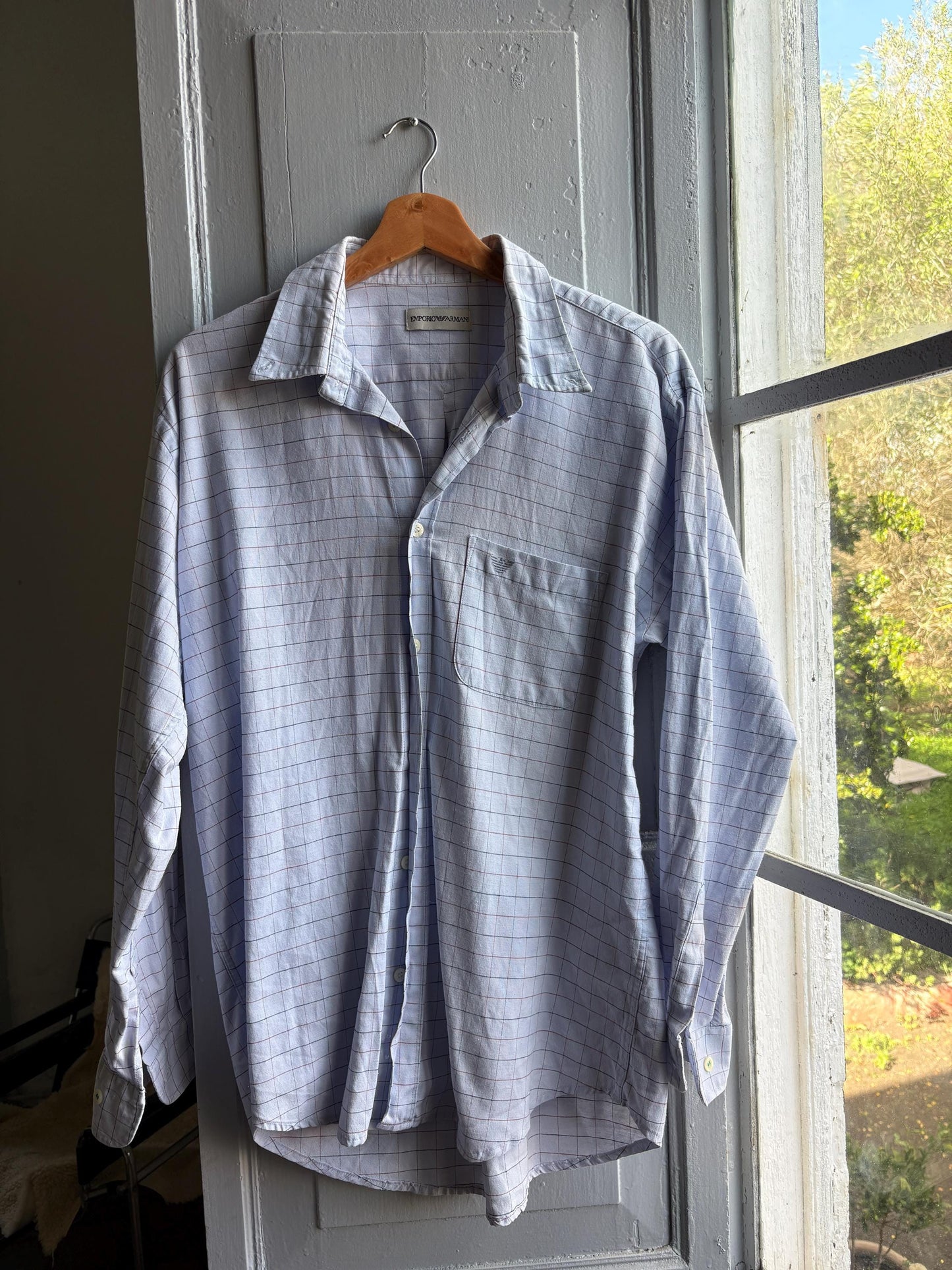 Emporio Armani Light Blue Plaid Cotton Shirt — back view