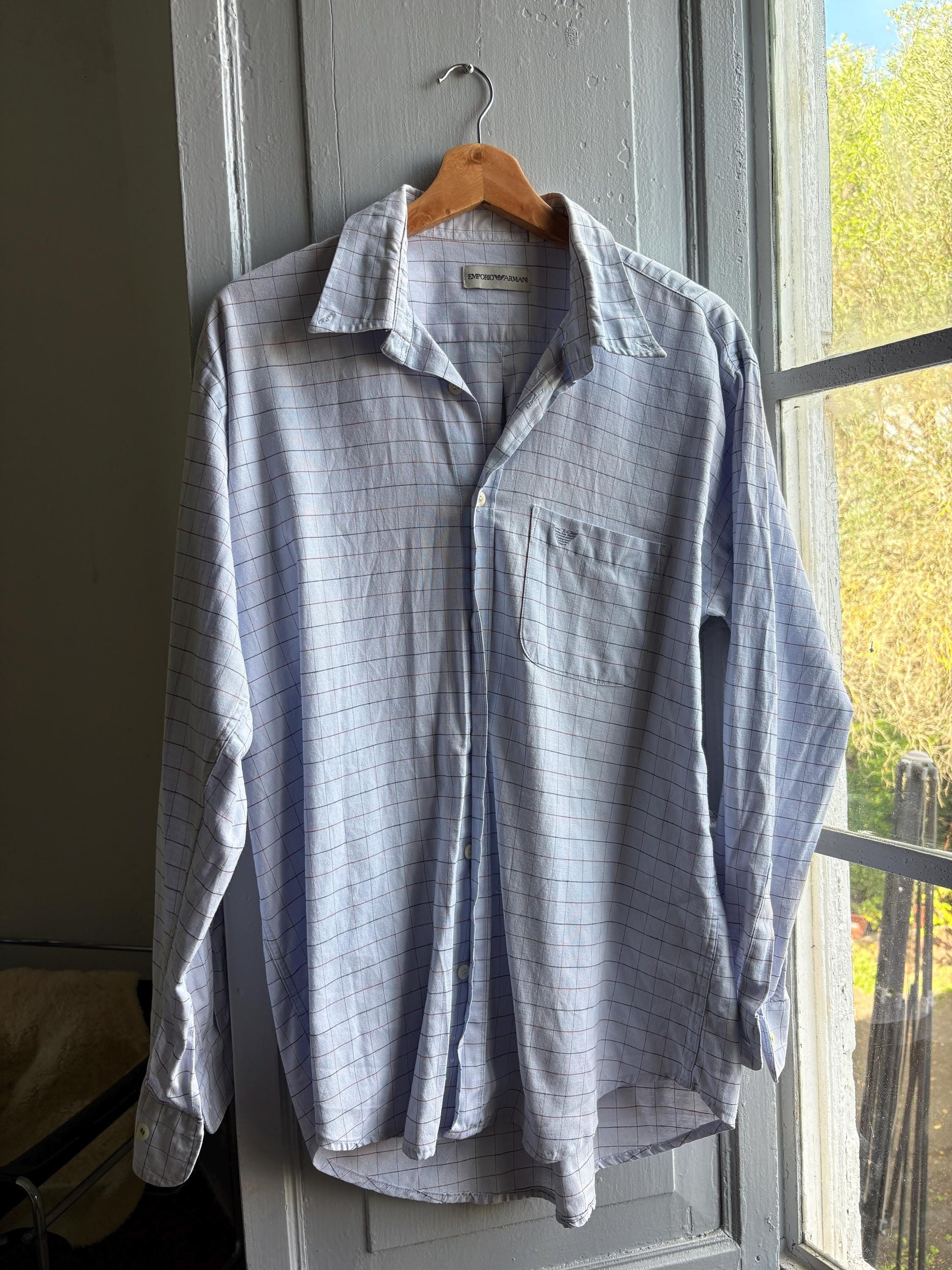 Emporio Armani Light Blue Plaid Cotton Shirt — detail
