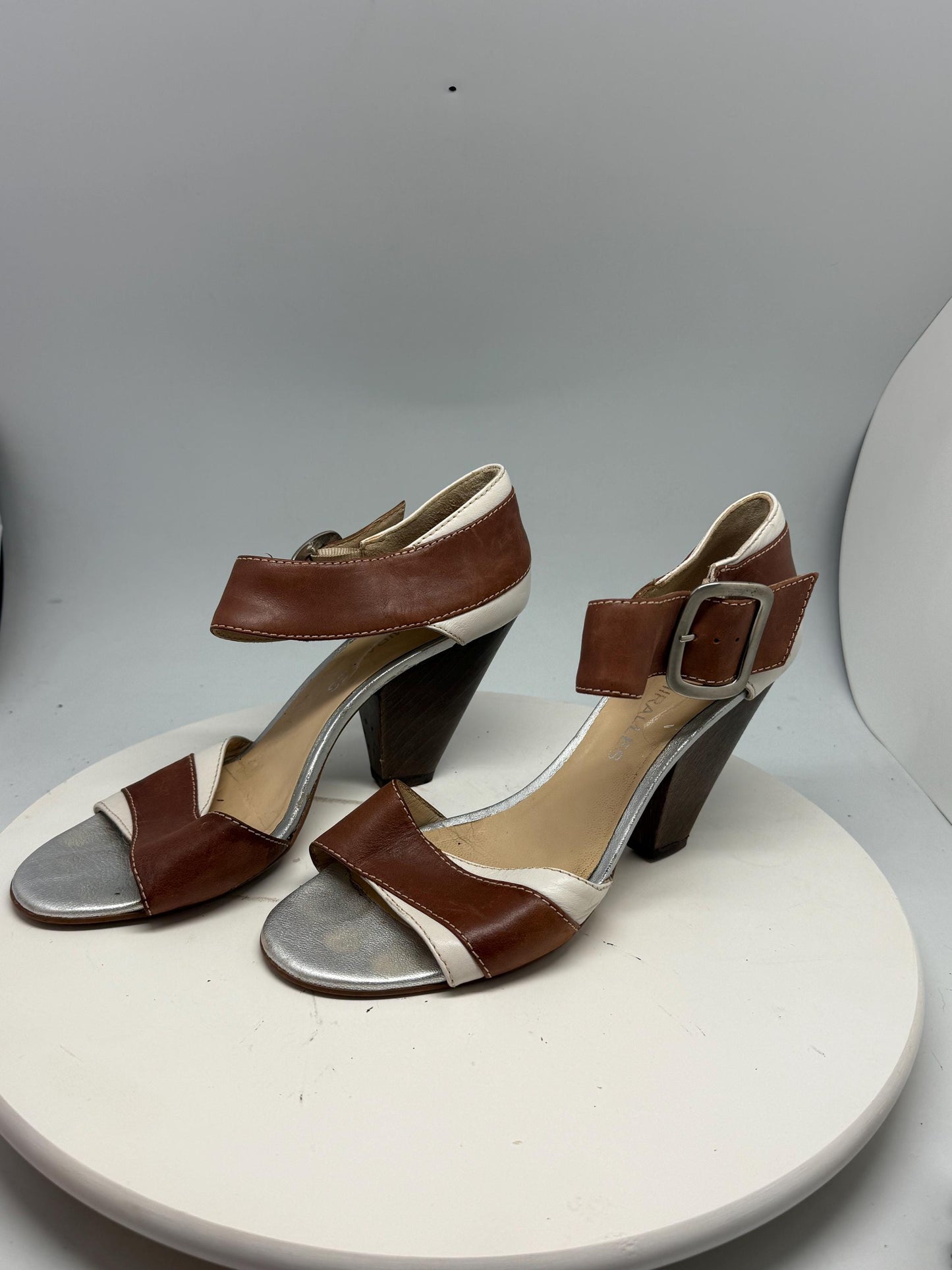 Pedro Miralles Brown and White High Heels — fabric close-up
