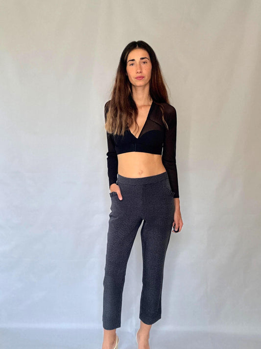 Cortefiel grey stretch trousers – check micro pattern, straight leg cropped fit, high waist, XL