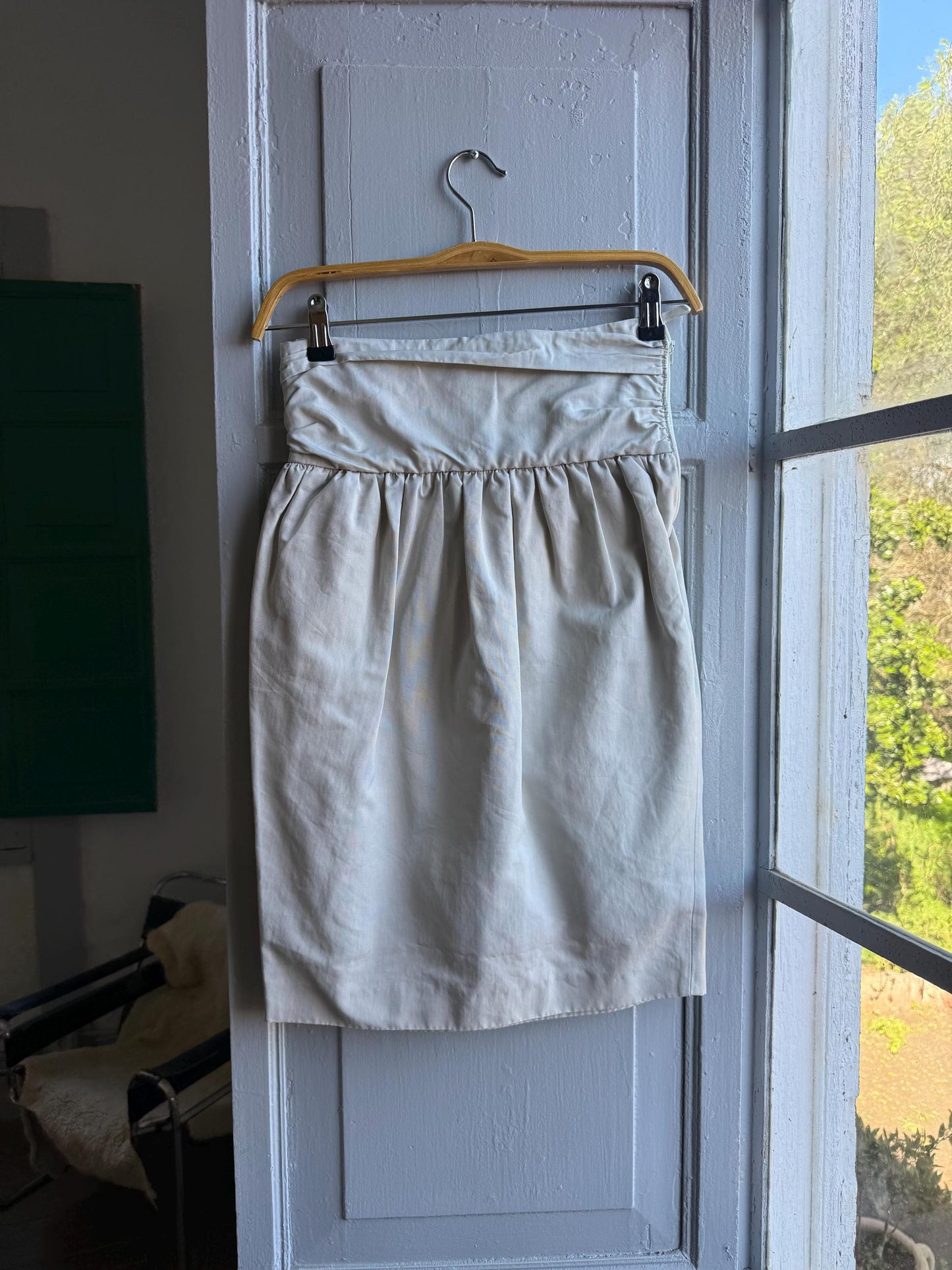 Beige High-Waist Skirt With Gathered Waistline — back view