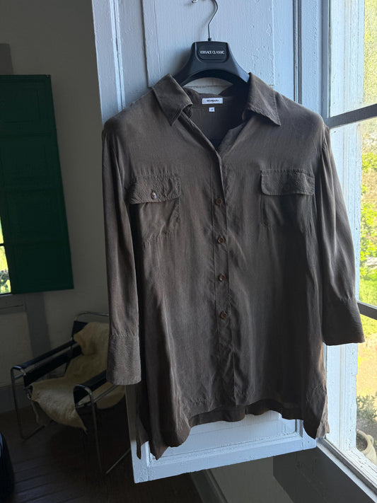 Vintage Chocolate Brown Cupro Button-Up Blouse — detail