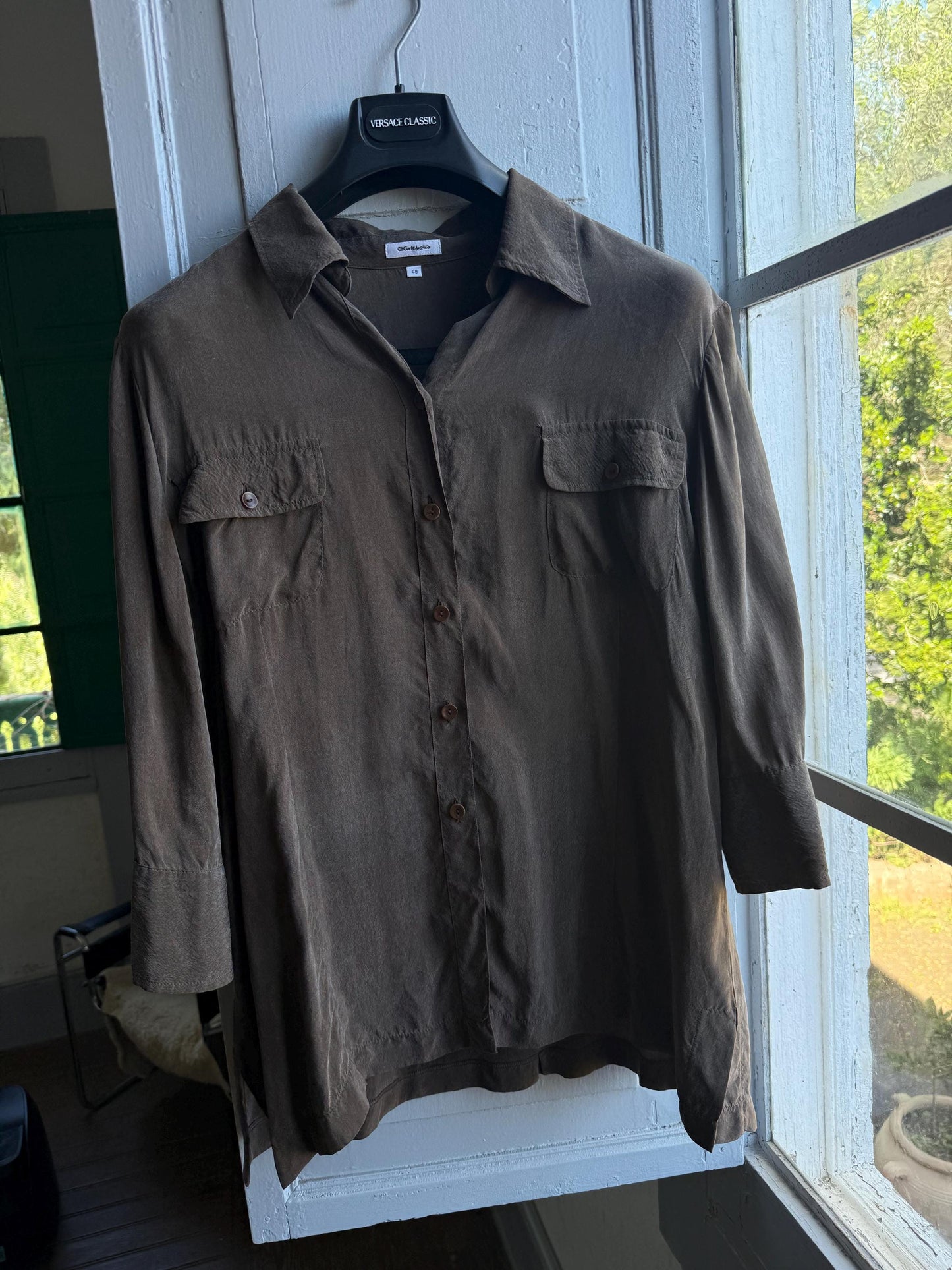 Vintage Chocolate Brown Cupro Blouse — fabric close-up