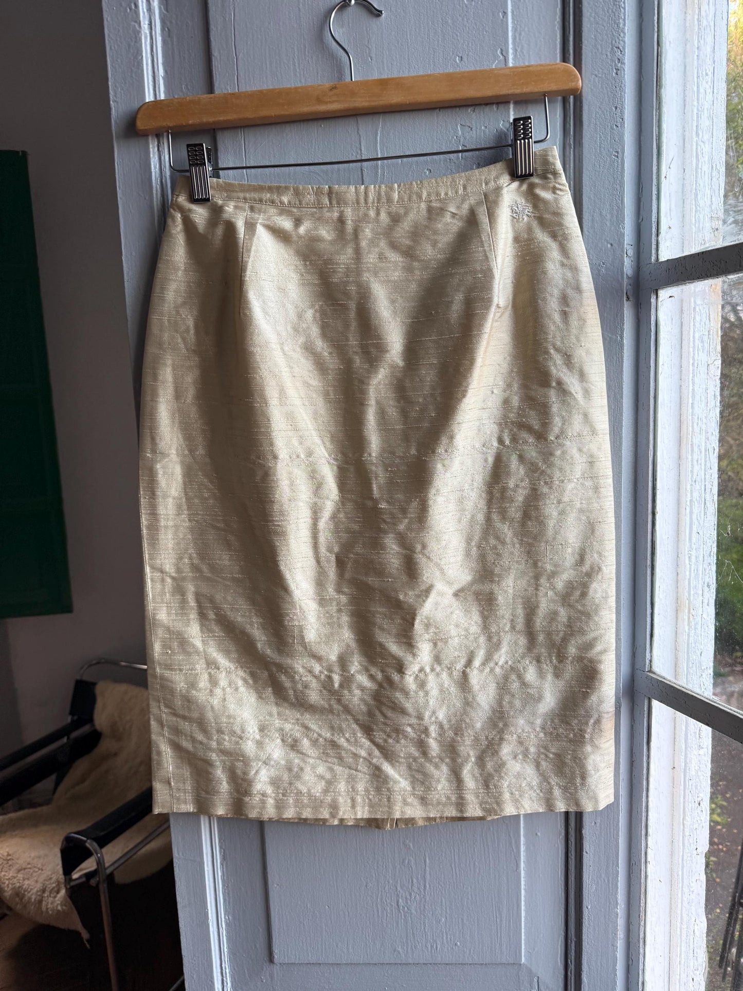 Vintage Burberry Silk Champagne Pencil Skirt — back view