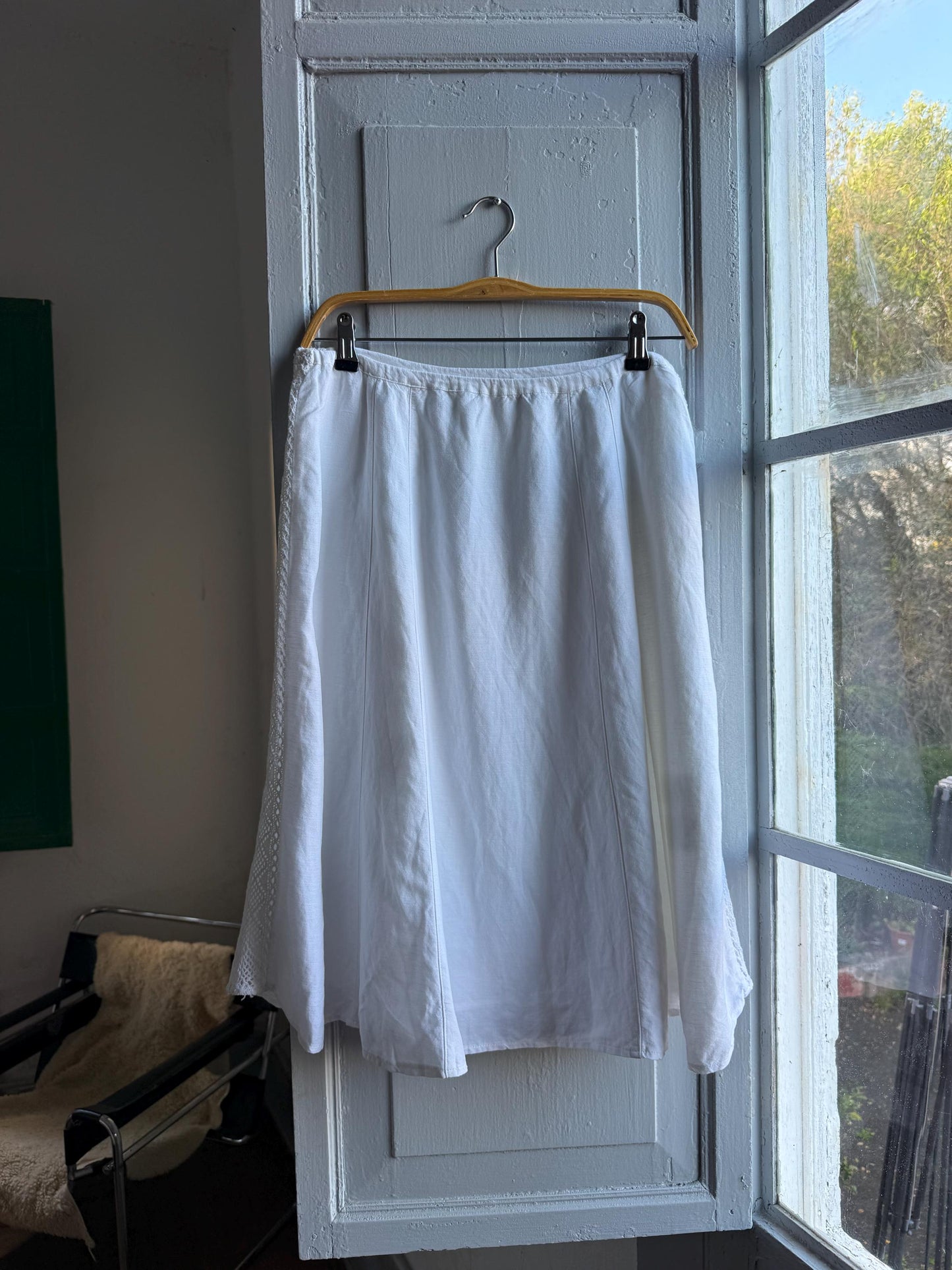 Cottagecore White Linen Blend Midi Skirt — detail