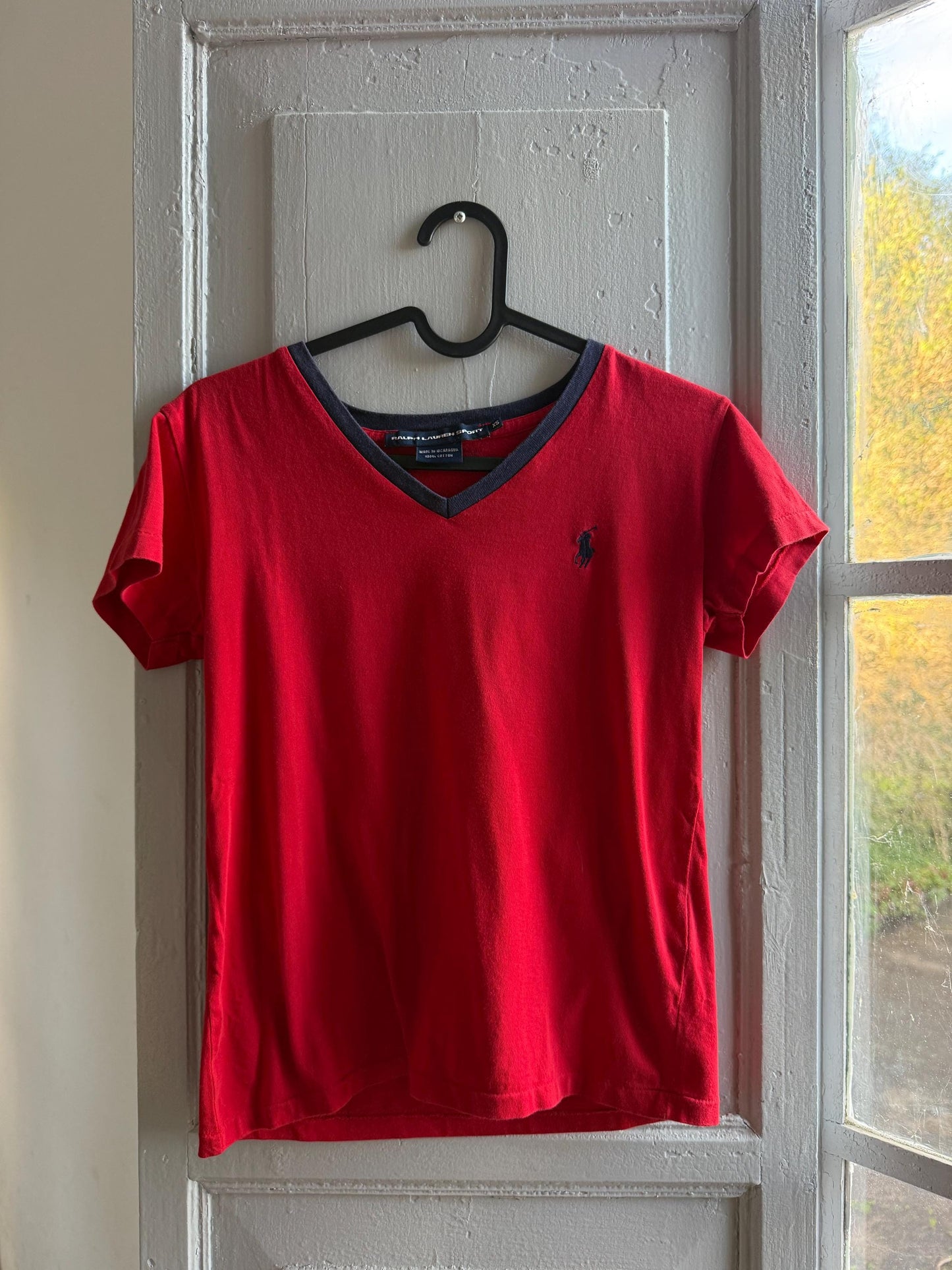 Ralph Lauren Sport red tee, 100% cotton v neck polo, XS