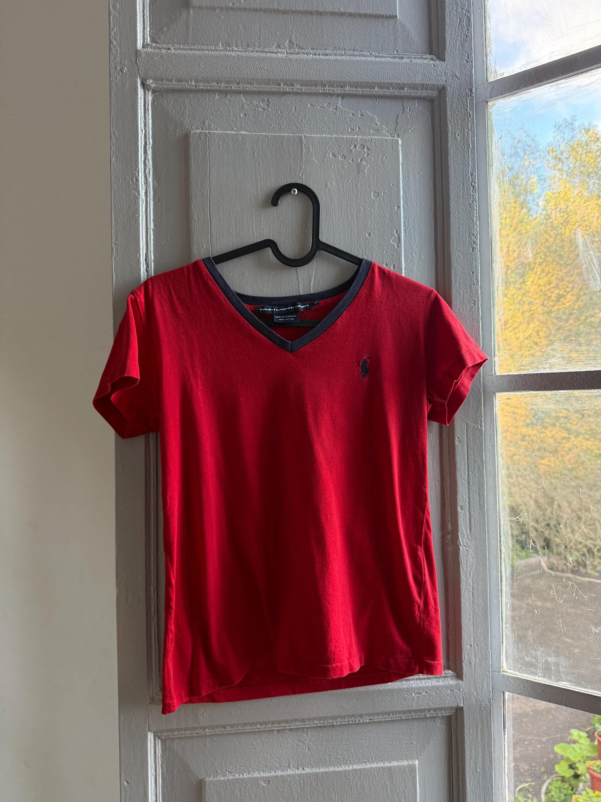 Ralph Lauren Sport red tee, 100% cotton v neck polo, XS