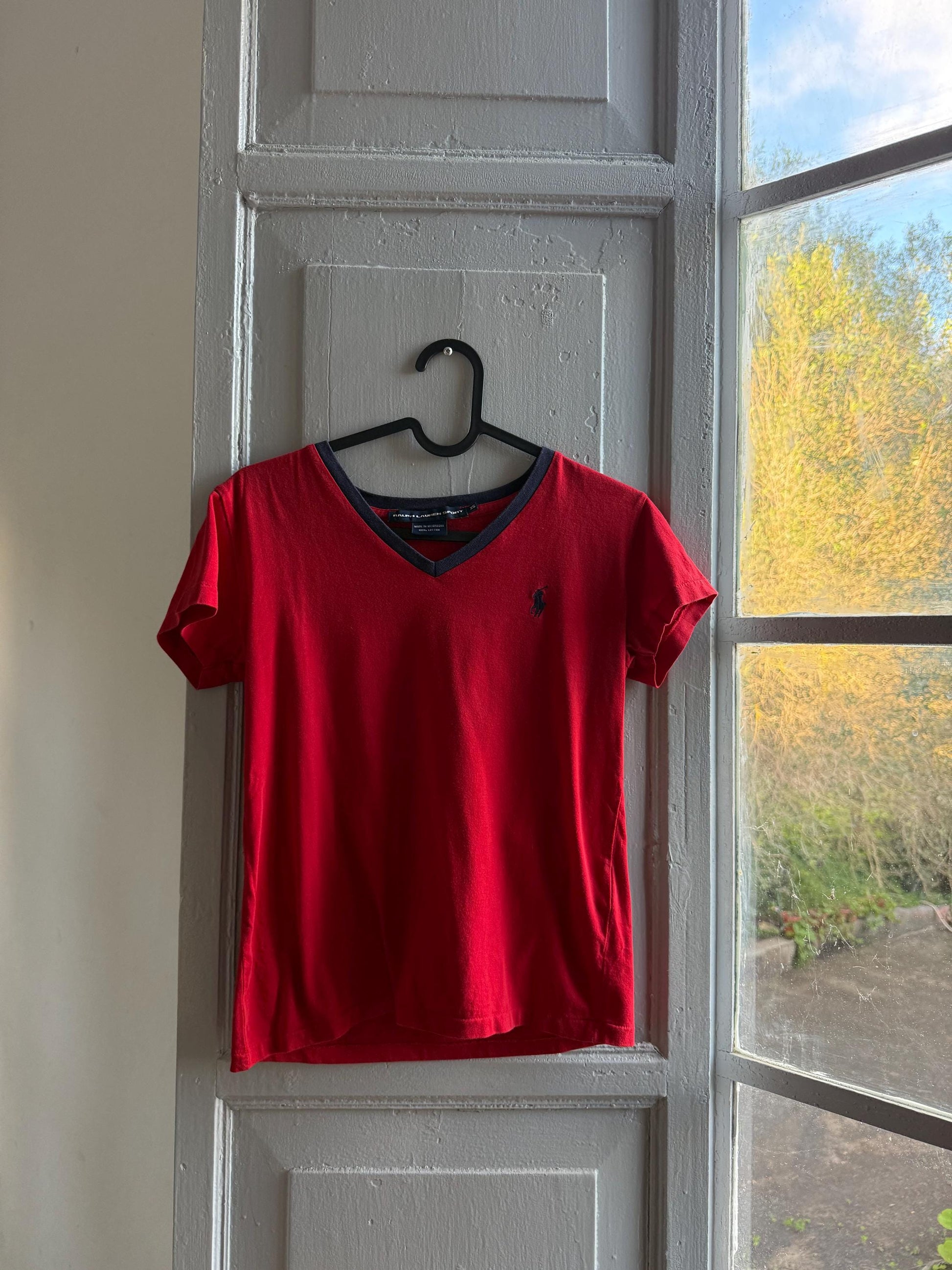 Ralph Lauren Sport red tee, 100% cotton v neck polo, XS