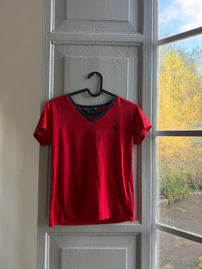 Ralph Lauren Sport Red Cotton V-Neck Polo — fabric close-up
