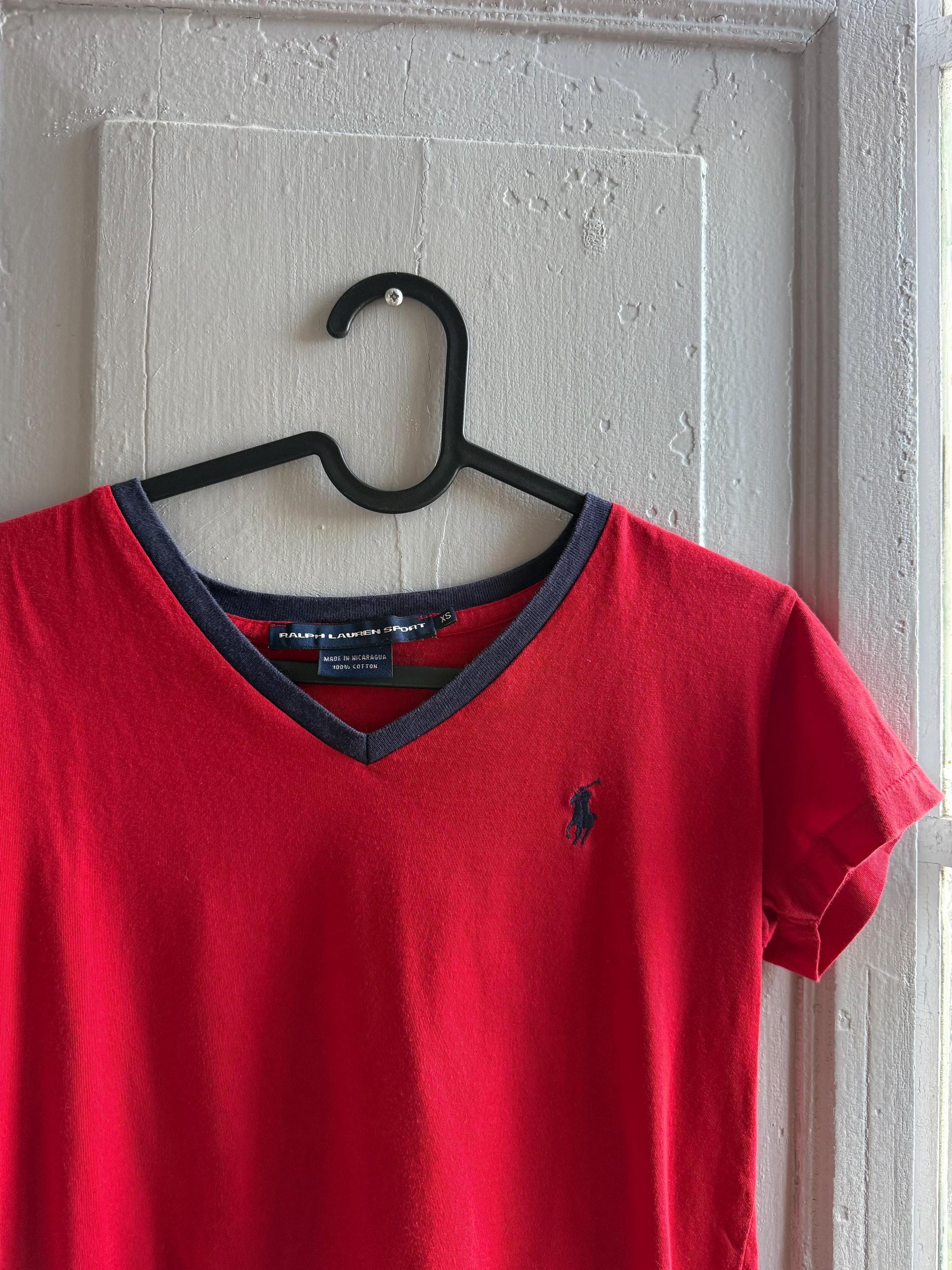Ralph Lauren Sport red tee, 100% cotton v neck polo, XS