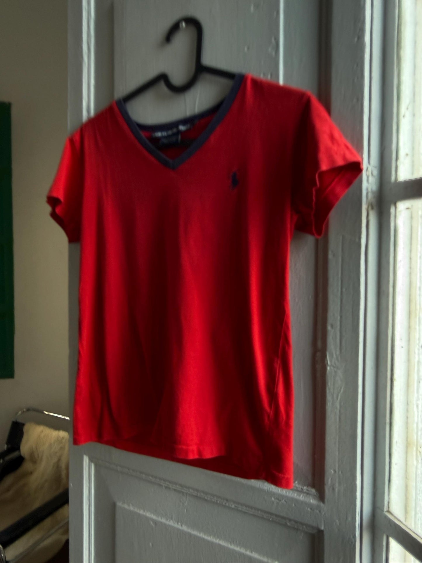 Ralph Lauren Sport red tee, 100% cotton v neck polo, XS