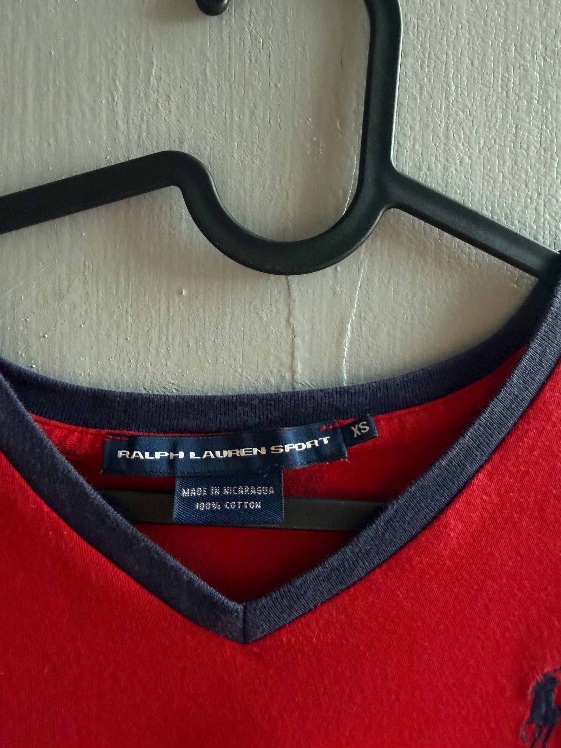 Ralph Lauren Sport red tee, 100% cotton v neck polo, XS