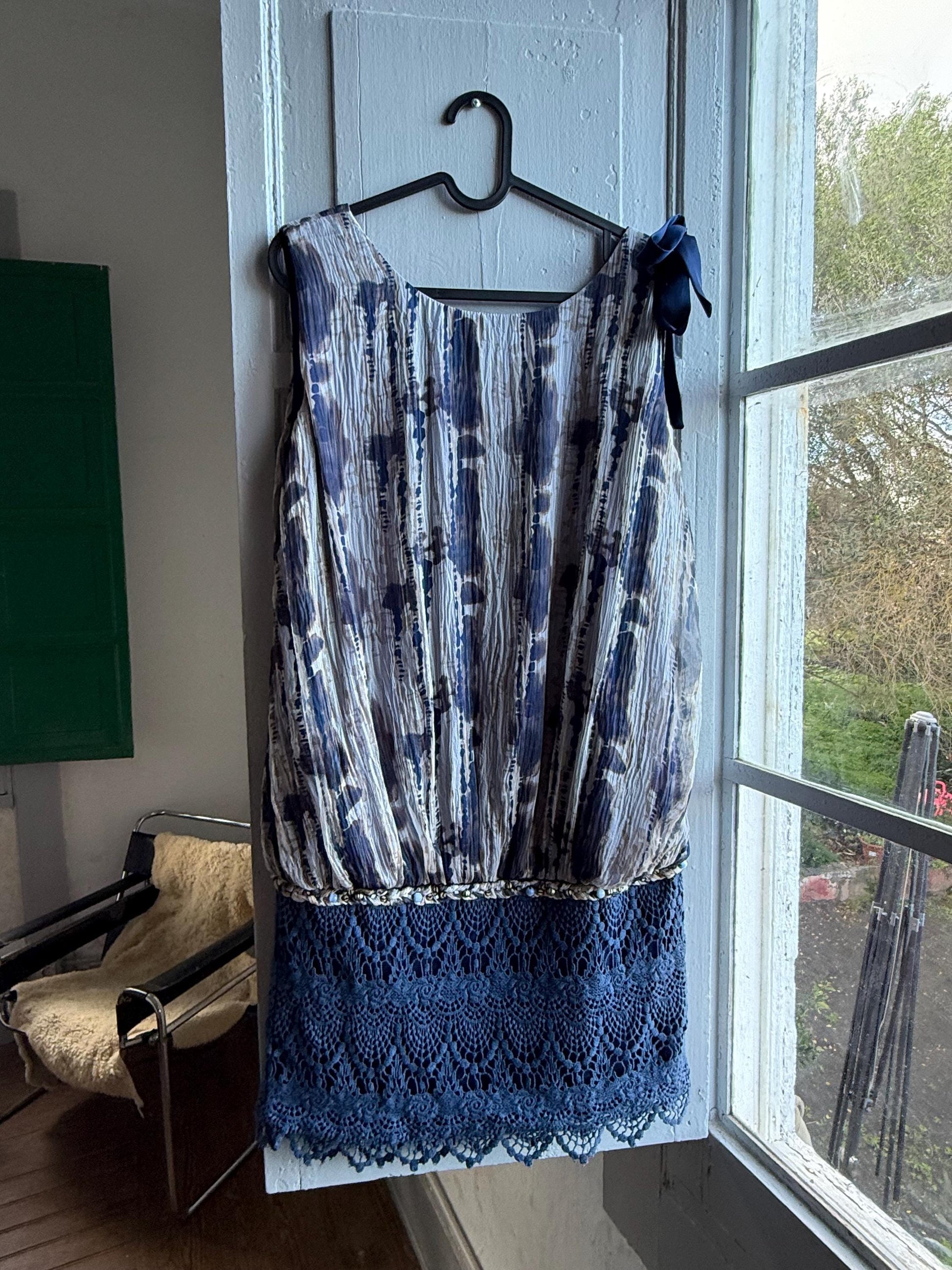 Silk Blue Tie Dye Bow Dress — fabric close-up