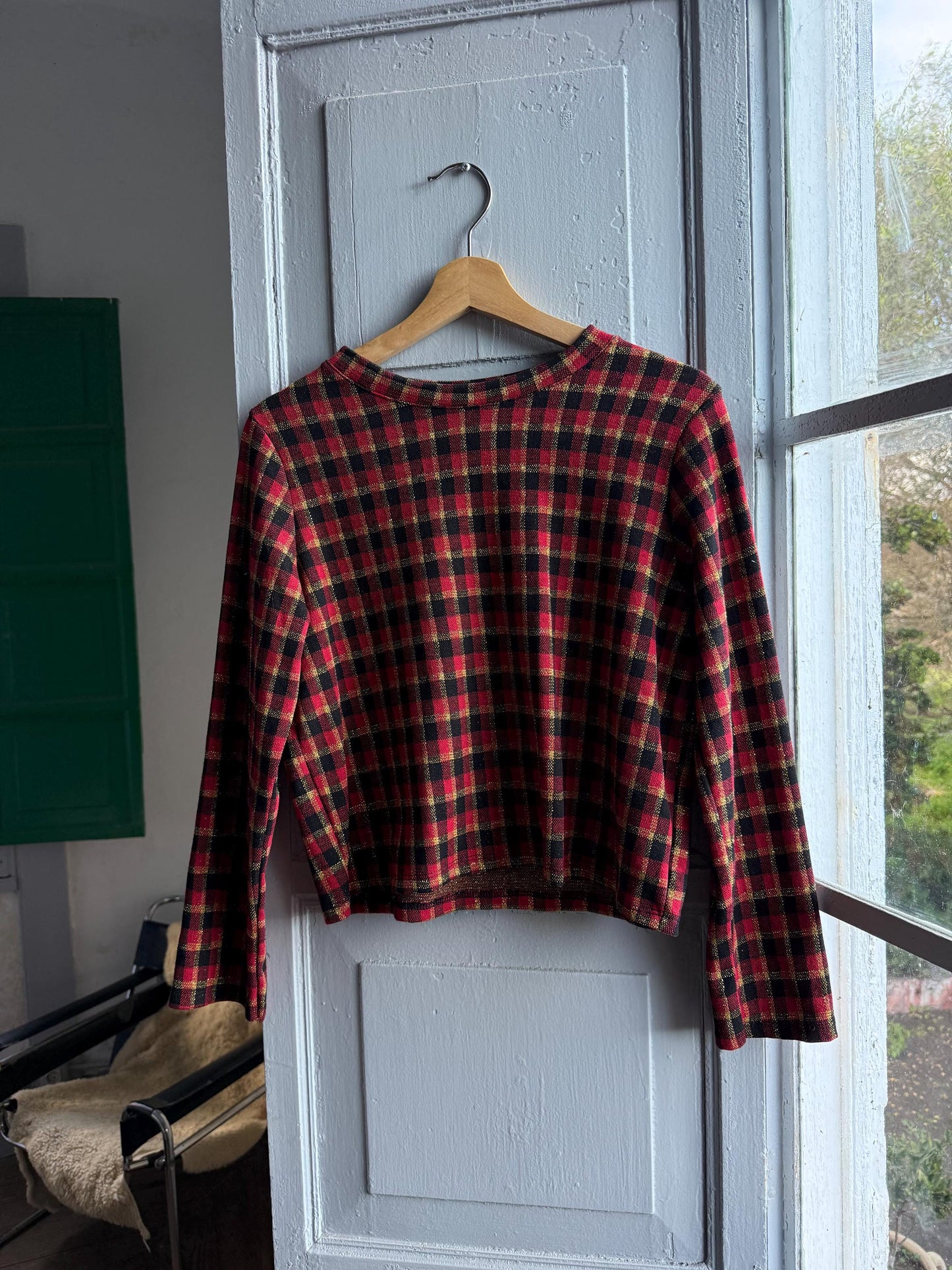 Vintage Plaid Gold Shimmer Women's Shirt — fabric close-up