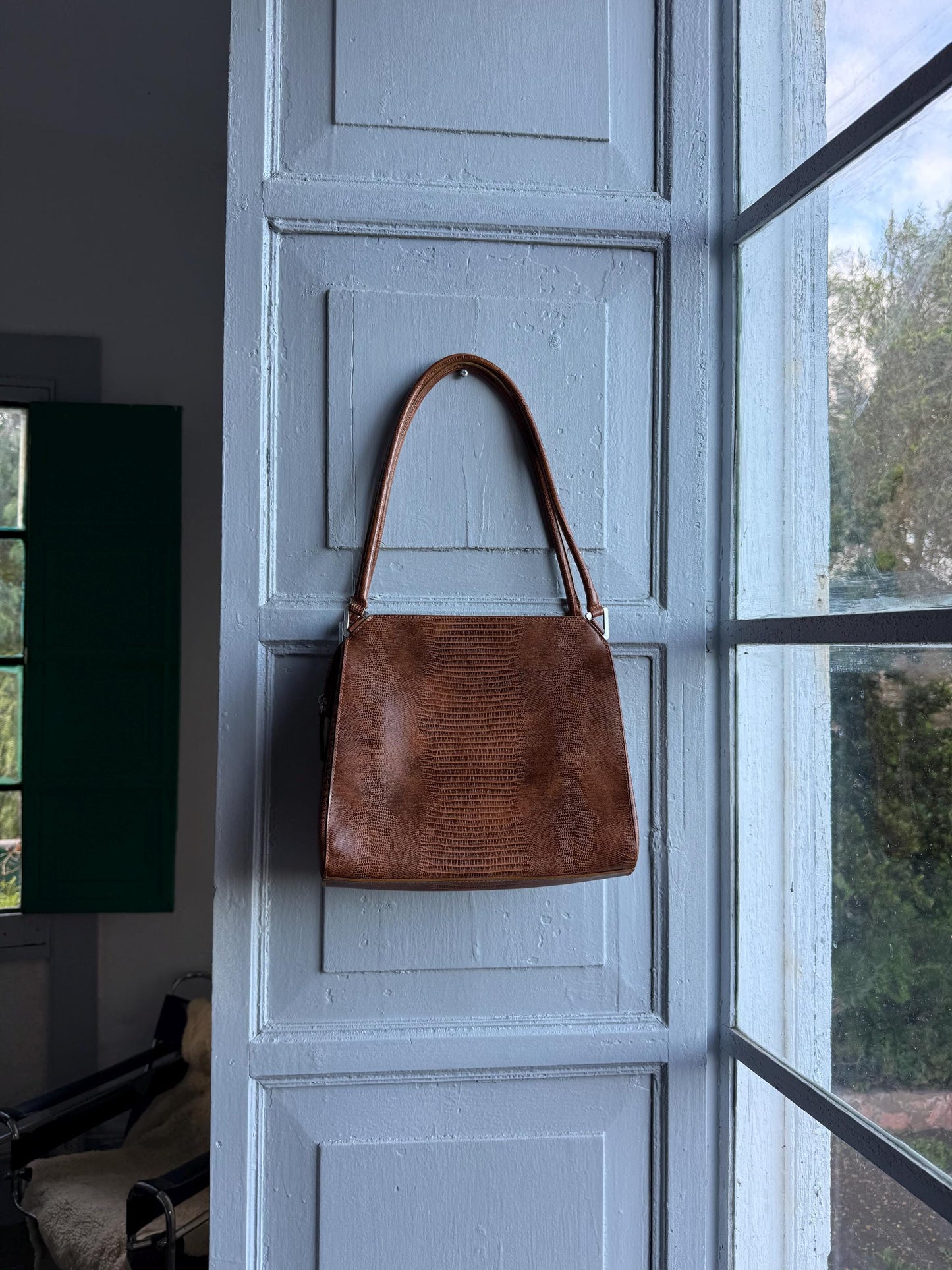 Vintage Brown Faux Snake Leather Handbag — back view