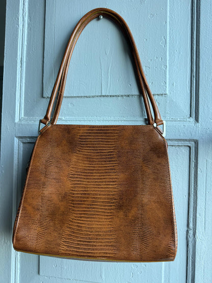 Vintage Brown Faux Snake Leather Handbag — fabric close-up