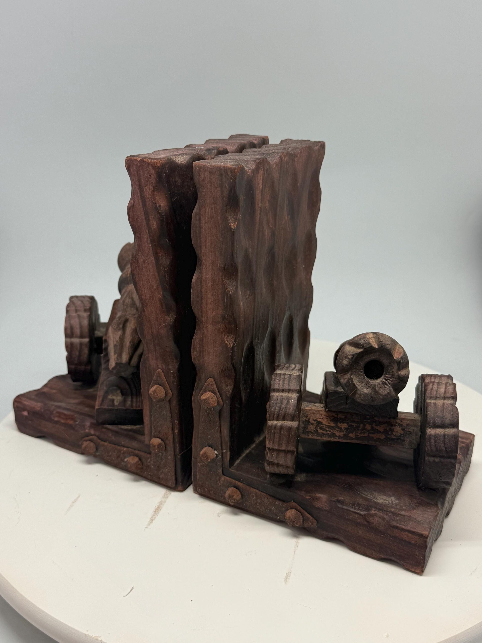 Brutalist Wooden Bookends, Vintage Spanish Design — back view