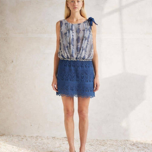 100% Silk blue tie dye dress summer, bow shoulder detail, bohemian chic evening wear, S - M