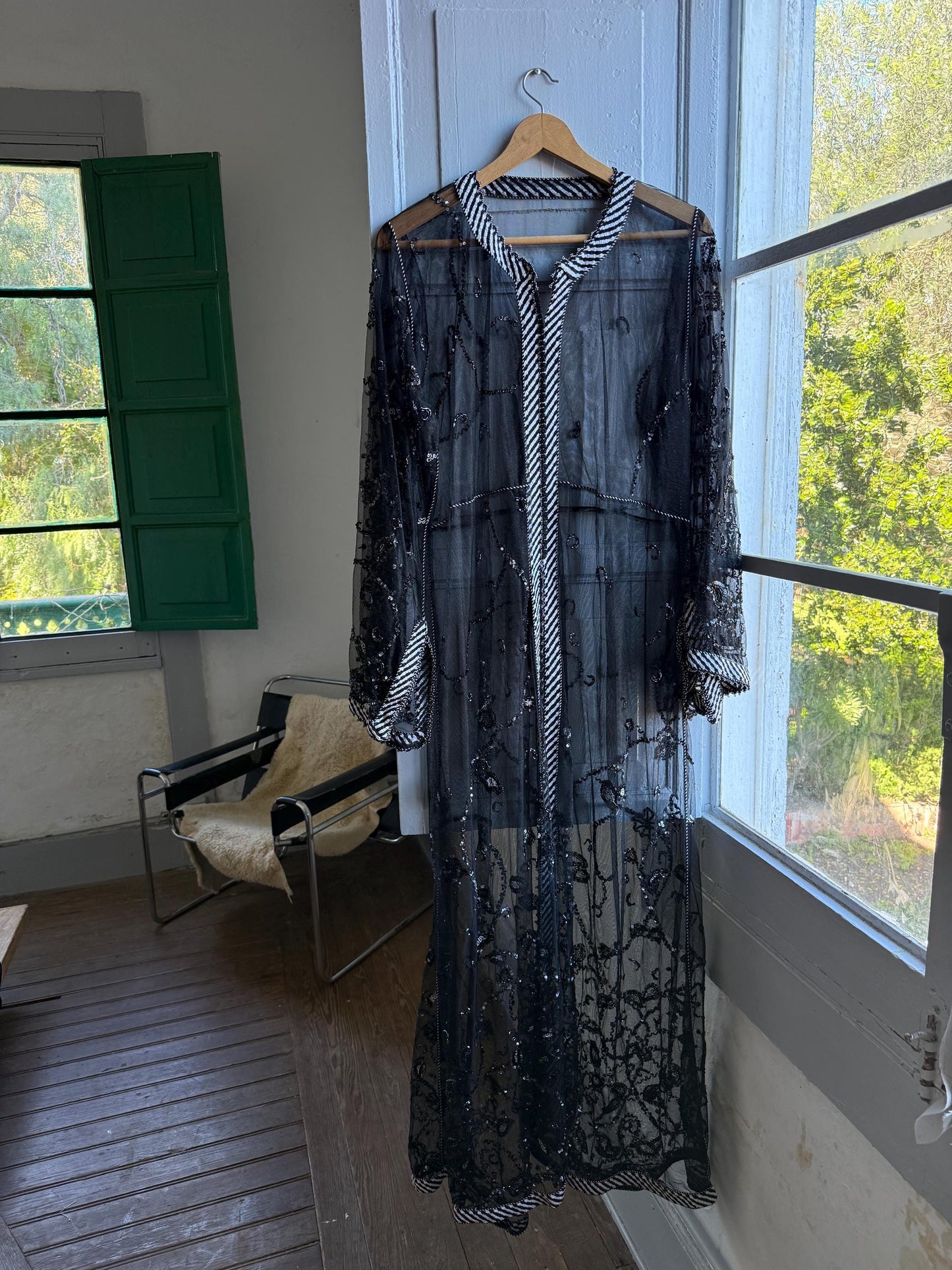 Vintage 90s Beaded Sheer Caftan Duster, Black Sequin Mesh Kimono Robe, Boho Evening Cover Up