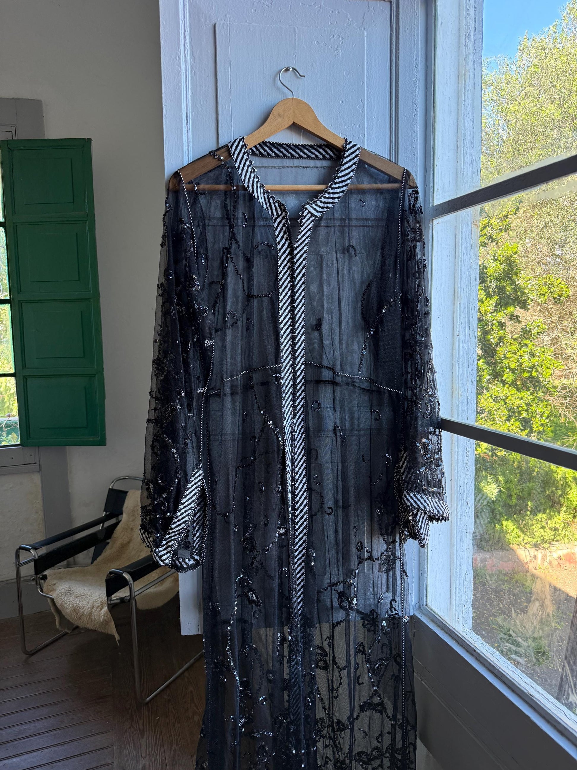 Vintage 90s Beaded Sheer Caftan Duster, Black Sequin Mesh Kimono Robe, Boho Evening Cover Up