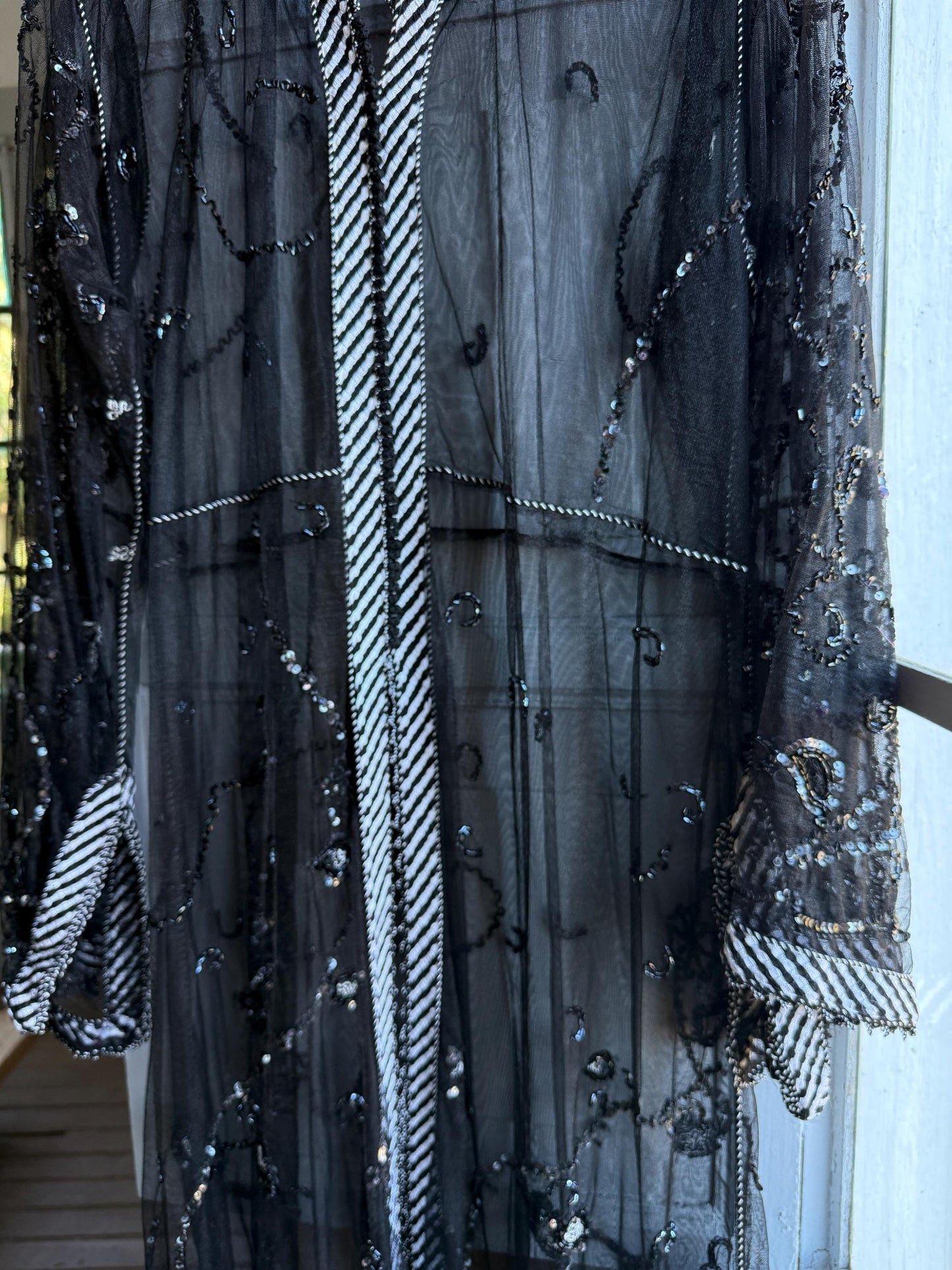 Vintage 90s Beaded Sheer Caftan Duster, Black Sequin Mesh Kimono Robe, Boho Evening Cover Up