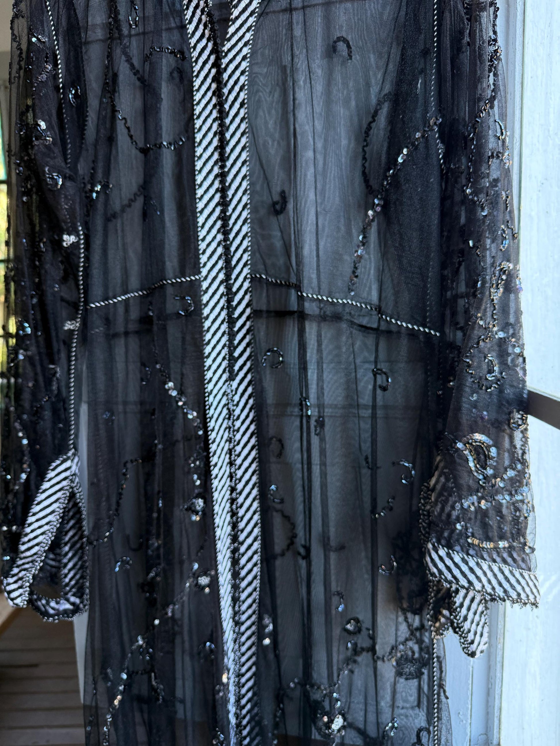 Vintage 90s Beaded Sheer Caftan Duster, Black Sequin Mesh Kimono Robe, Boho Evening Cover Up