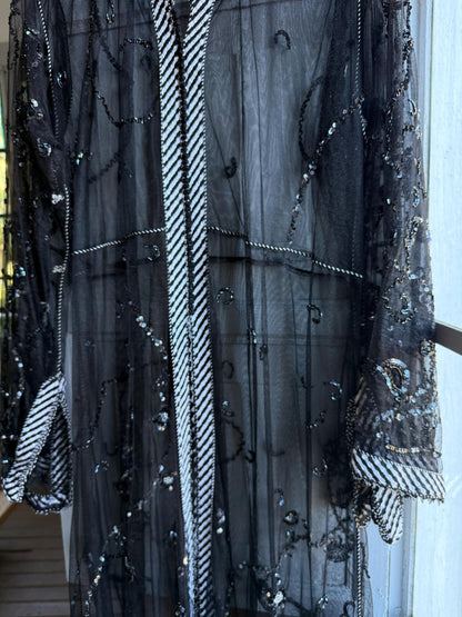 Vintage 90s Beaded Sheer Caftan Duster, Black Sequin Mesh Kimono Robe, Boho Evening Cover Up
