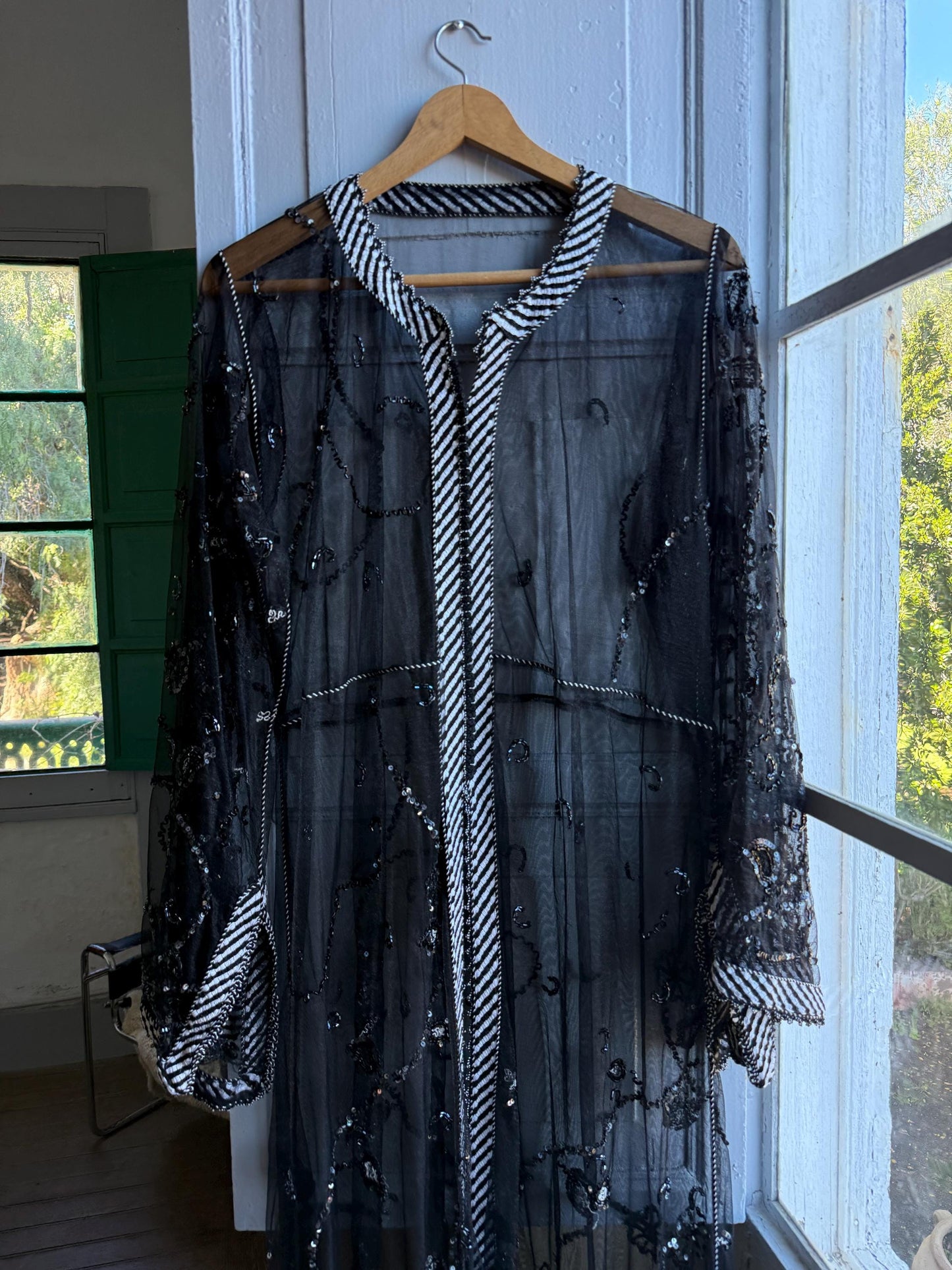 Vintage 90s Beaded Sheer Caftan Duster, Black Sequin Mesh Kimono Robe, Boho Evening Cover Up