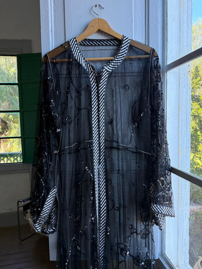 Vintage 90s Beaded Sheer Caftan Duster, Black Sequin Mesh Kimono Robe, Boho Evening Cover Up