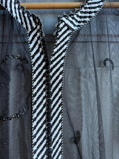 Vintage 90s Beaded Sheer Caftan Duster, Black Sequin Mesh Kimono Robe, Boho Evening Cover Up