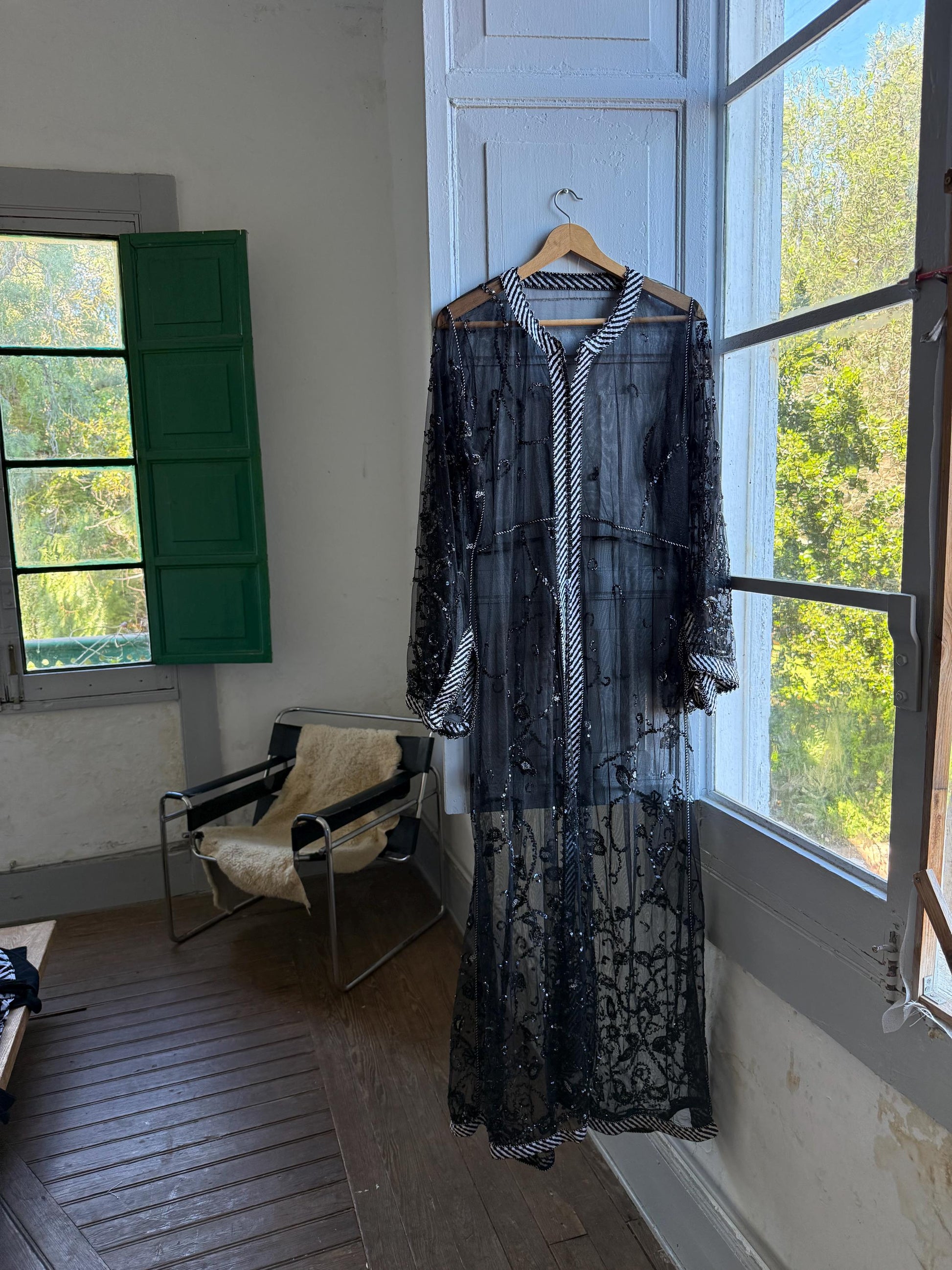 Vintage 90s Beaded Sheer Caftan Duster, Black Sequin Mesh Kimono Robe, Boho Evening Cover Up