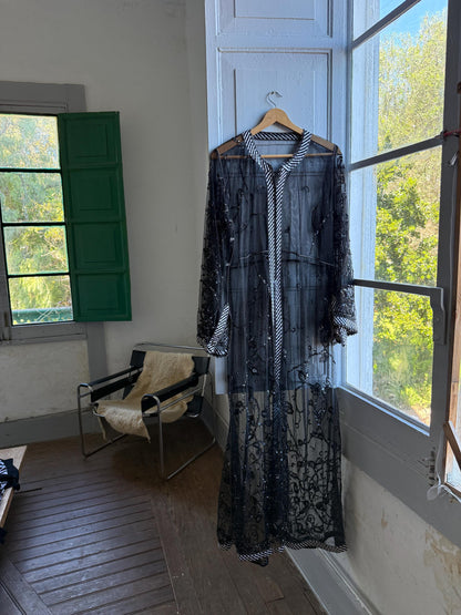 Vintage 90s Beaded Sheer Caftan Duster, Black Sequin Mesh Kimono Robe, Boho Evening Cover Up