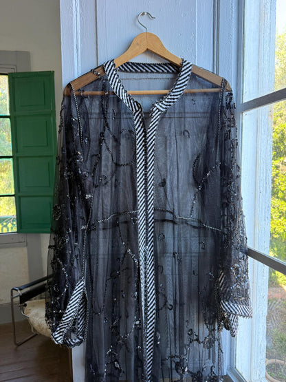 Vintage 90s Beaded Sheer Caftan Duster, Black Sequin Mesh Kimono Robe, Boho Evening Cover Up