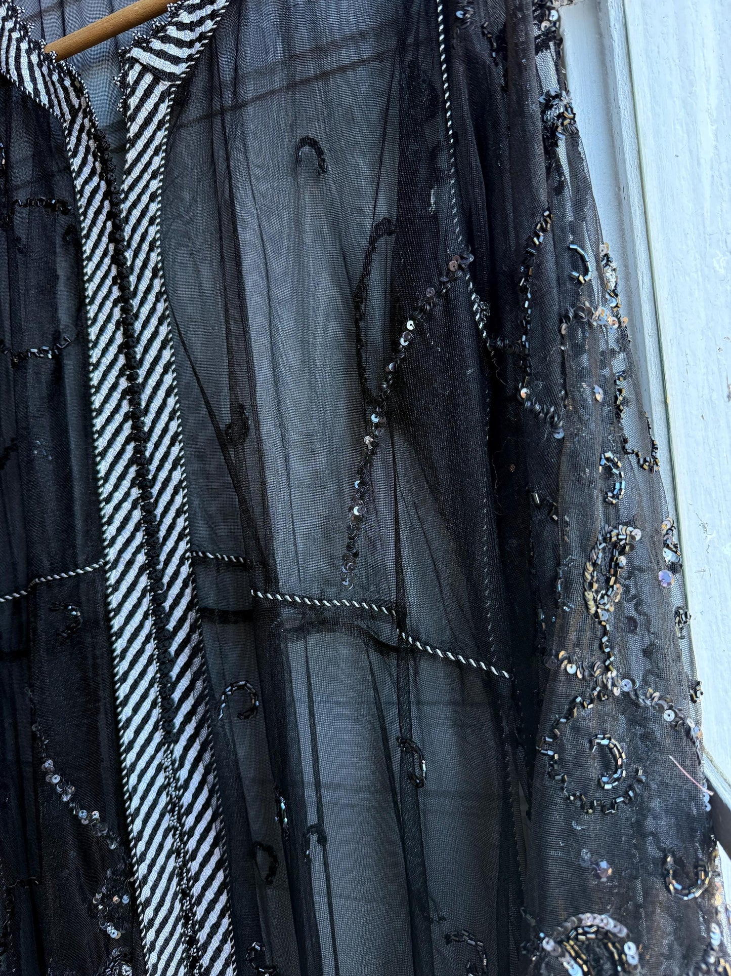 Vintage 90s Beaded Sheer Caftan Duster, Black Sequin Mesh Kimono Robe, Boho Evening Cover Up