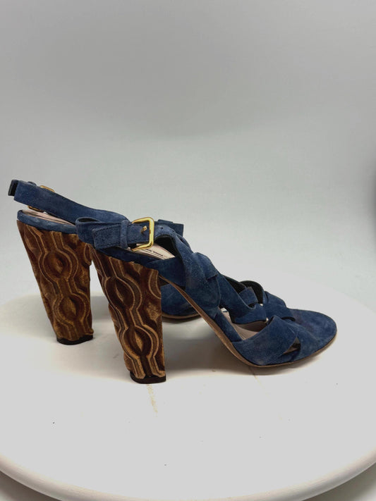 Vintage Miu Miu blue suede high heels, wooden heel, open toe,