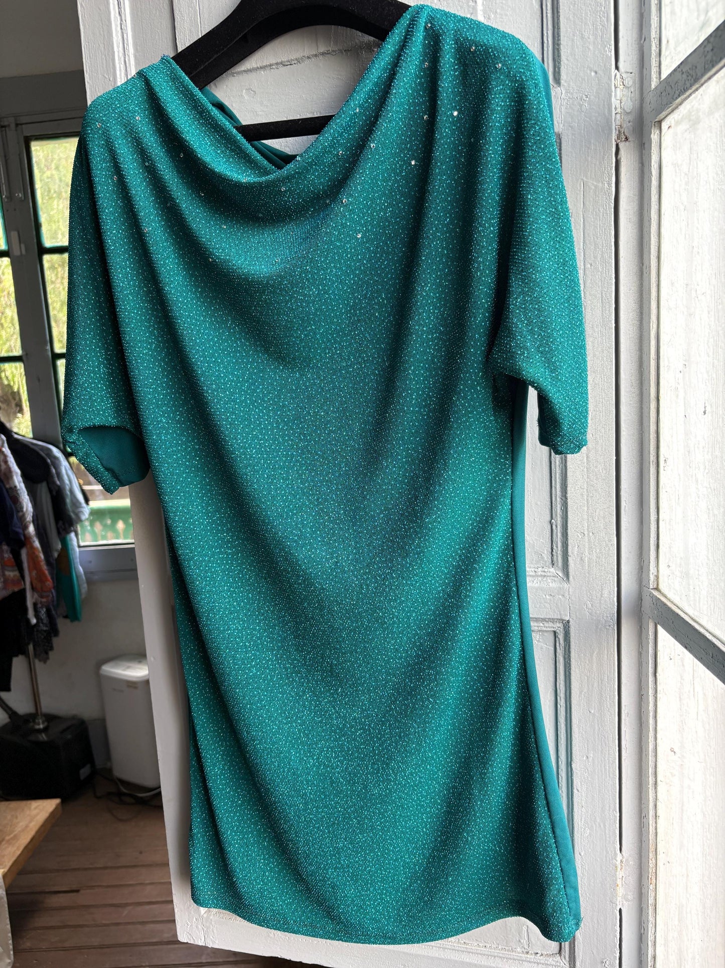 Vintage Teal Glitter Shimmer Shirt — fabric close-up