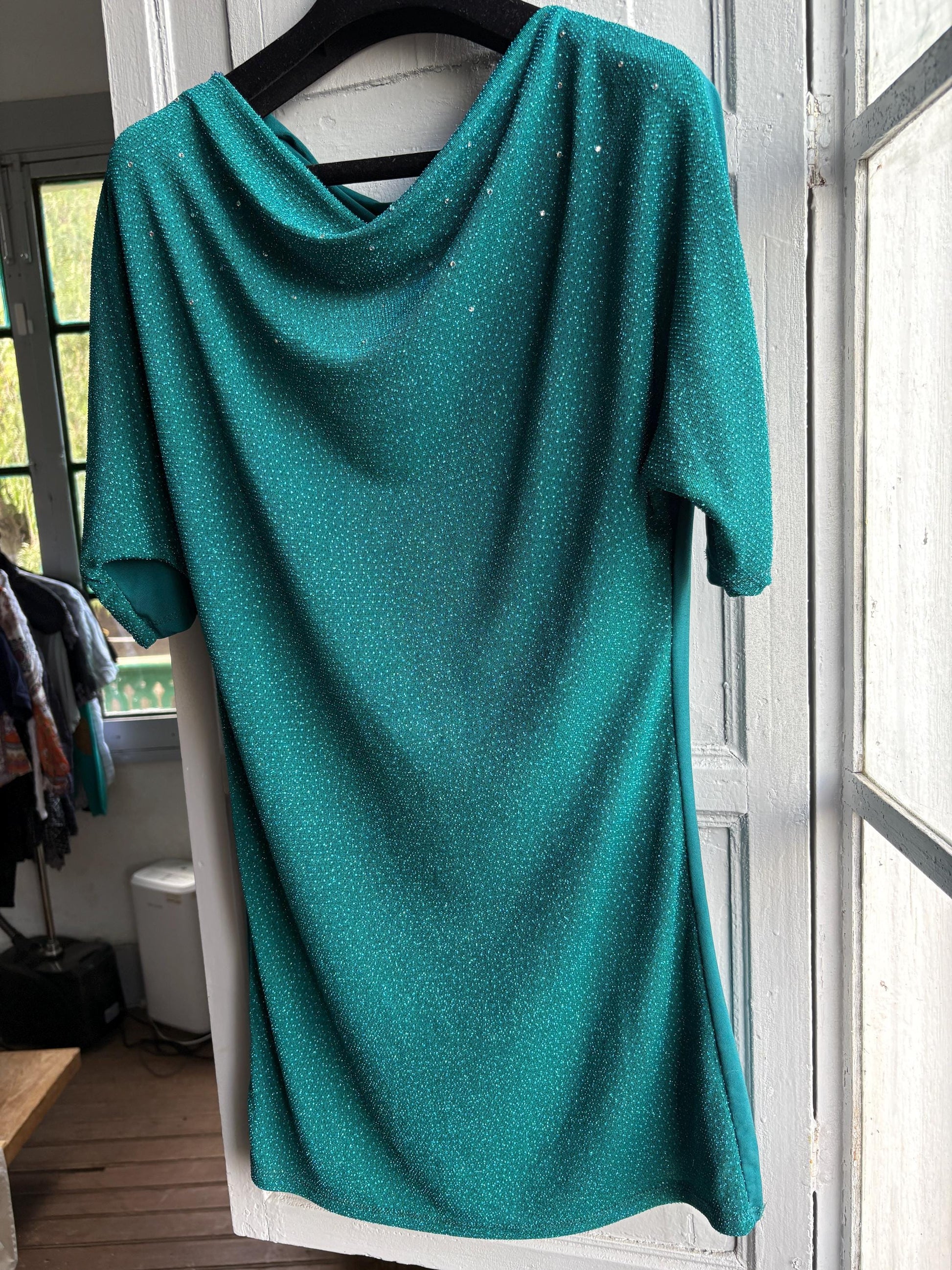 Vintage Teal Glitter Shimmer Shirt — fabric close-up