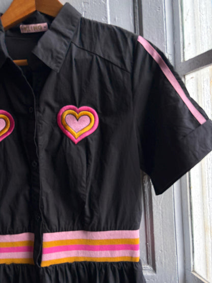 Retro black cotton dress, colorful heart appliques, retro 80s vibe, M
