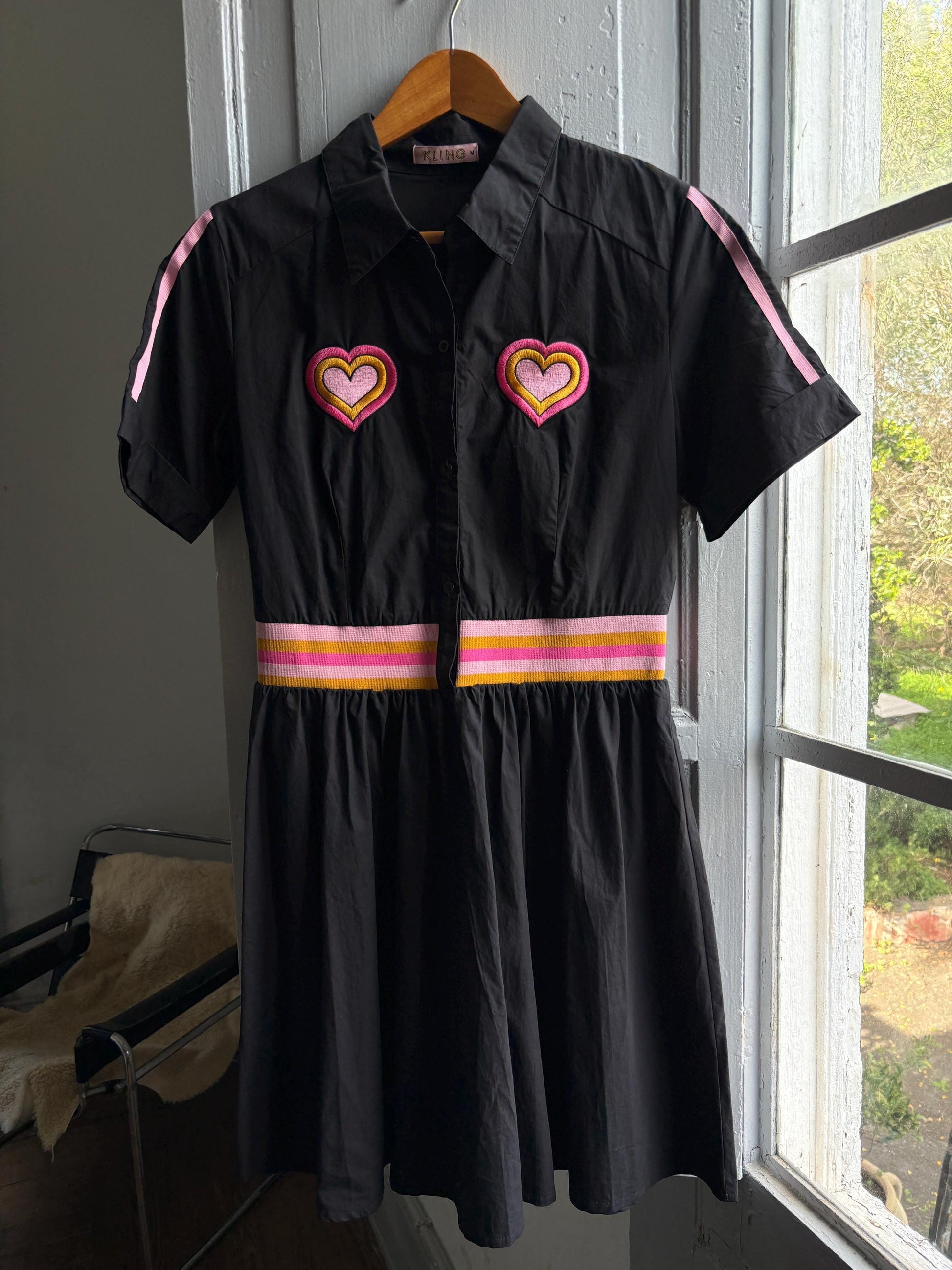 Retro black cotton dress, colorful heart appliques, retro 80s vibe, M