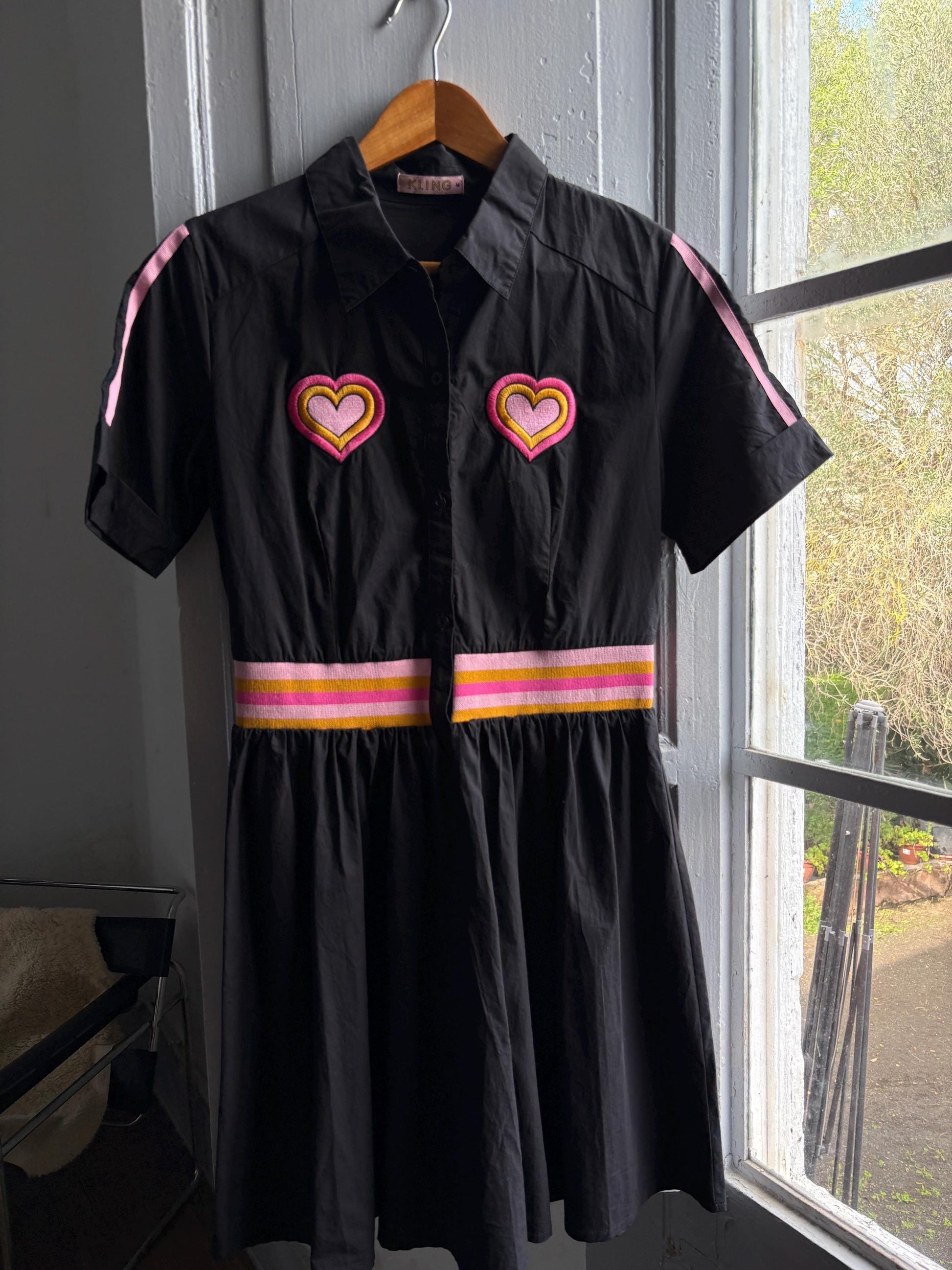 Retro black cotton dress, colorful heart appliques, retro 80s vibe, M